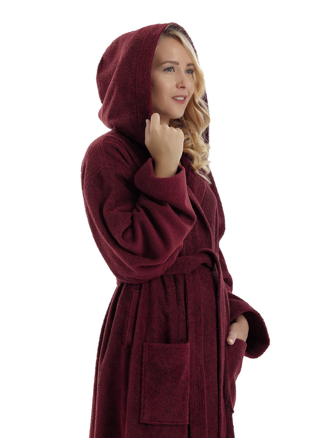 Women's Small Burgundy Cotton Hooded Full Length Bathrobe