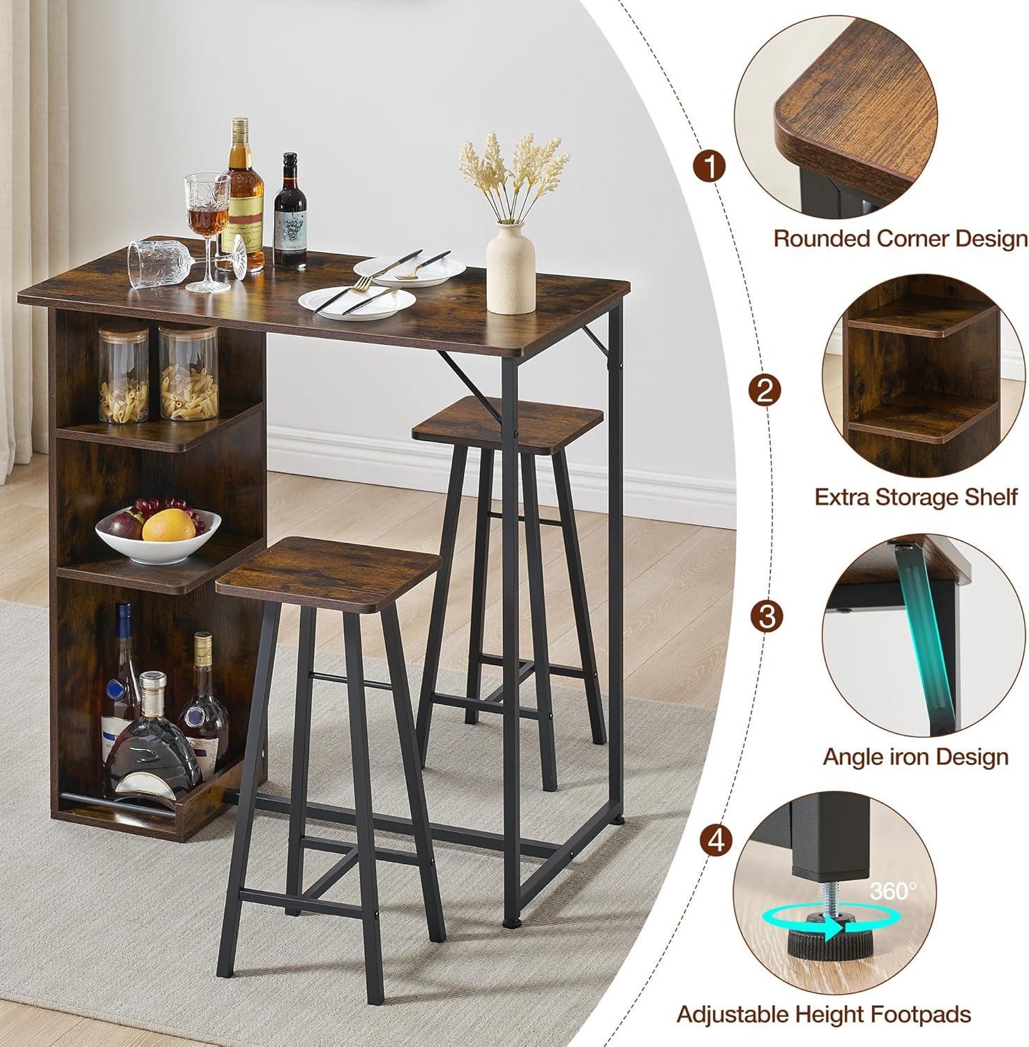 Garvee Small Bar Table and Chairs Set for 2, 3-Piece Bar Table Set with 3 Tier Storage Shelves, Space Saving Table for Small Apartment, Living Room