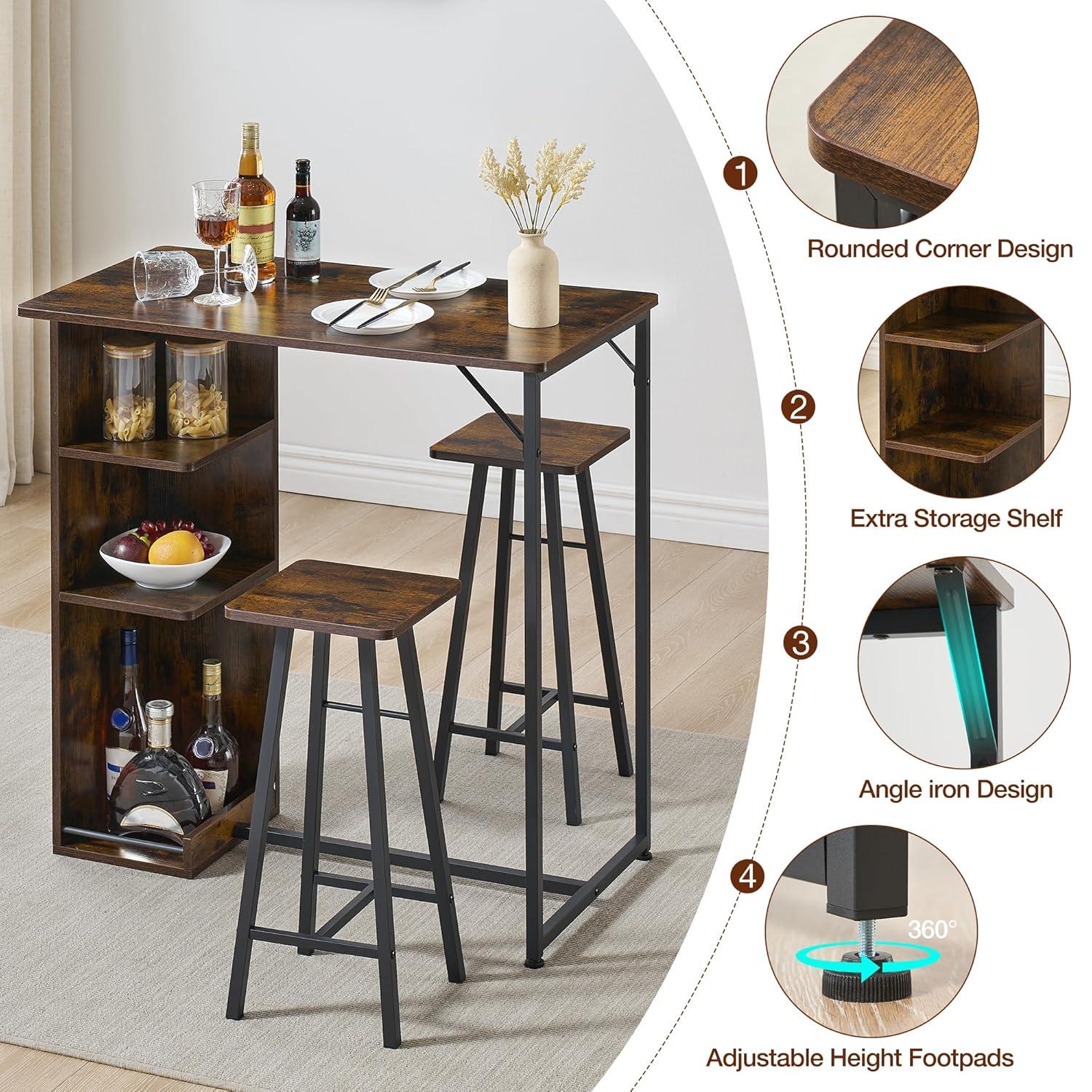 Garvee Small Bar Table and Chairs Set for 2, 3-Piece Bar Table Set with 3 Tier Storage Shelves, Space Saving Table for Small Apartment, Living Room