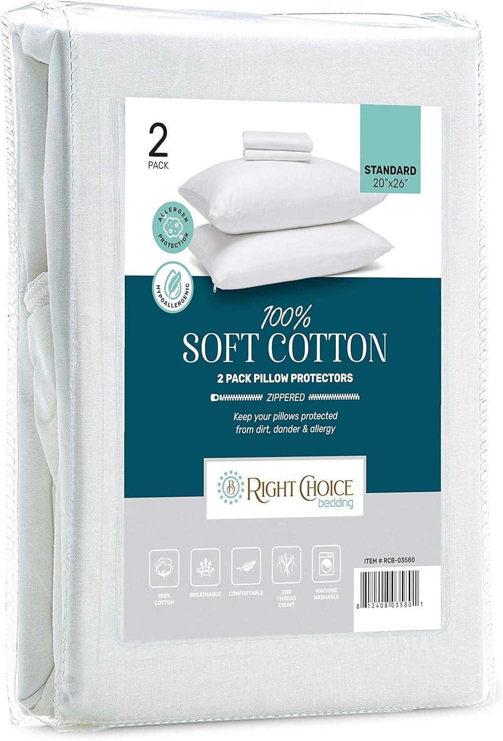 Right Choice Bedding 100% Cotton Breathable Pillow Protector with Zipper – (2 Pack)