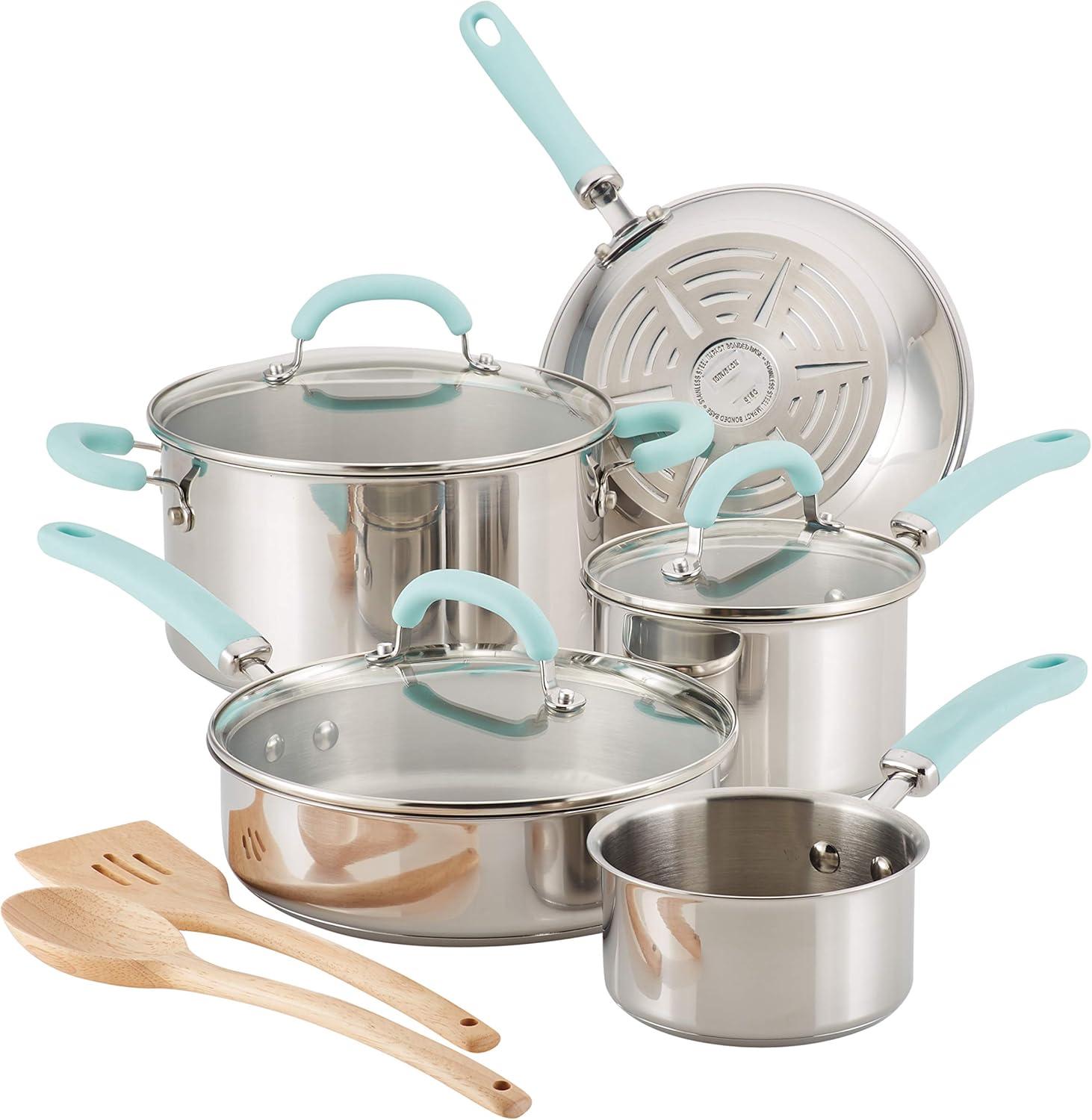 10-Piece Stainless Steel Cookware Set with Light Blue Handles