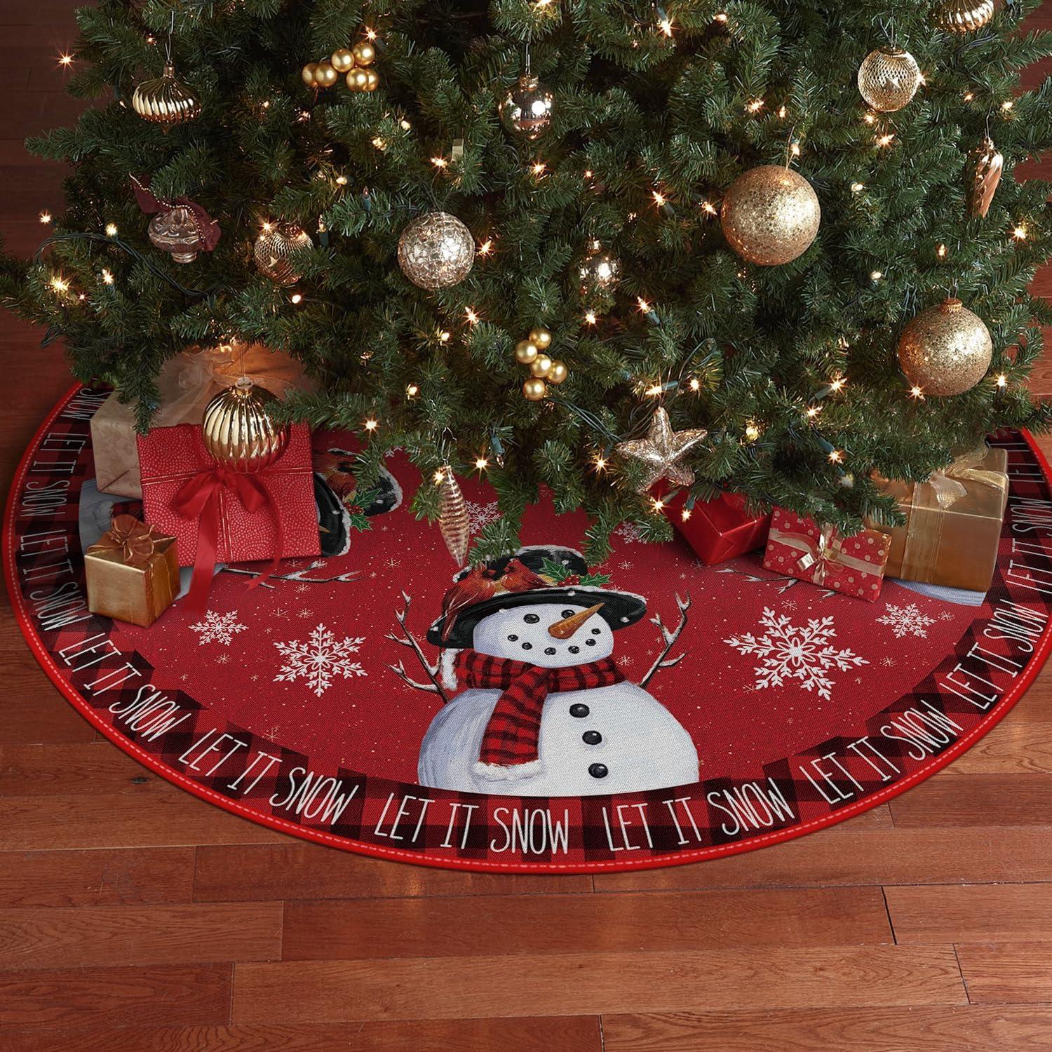 Tree Skirt Red Tree Skirt Snowman Xmas Snowflake Winter Tree Skirt 36 Inch for Red Christmas Indoor Outdoor Decorations