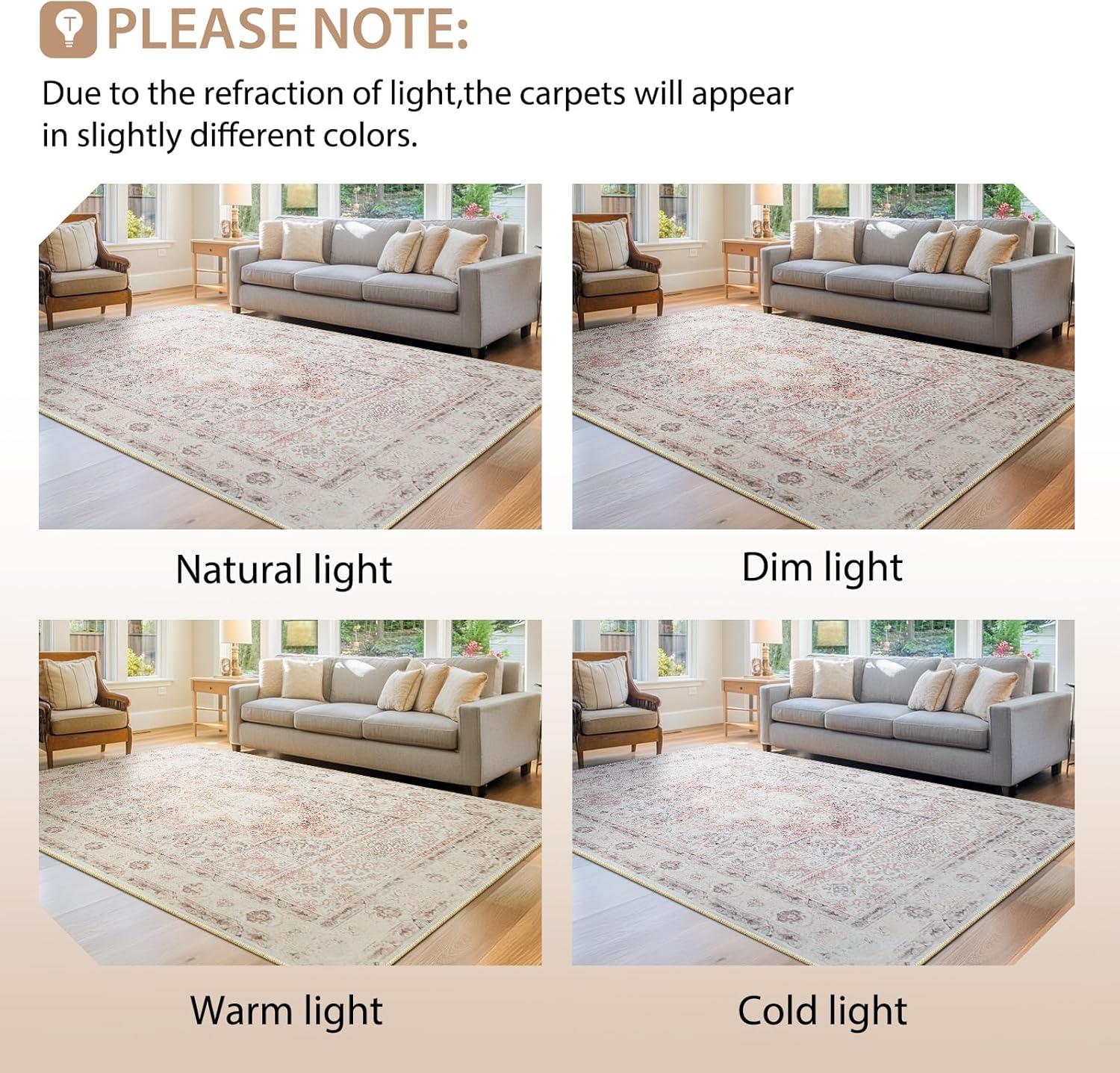 Hasoo Area Rug 5' x 7' Washable Modern Floral Rugs for Living Room Non-Slip Accent Carpet Pink