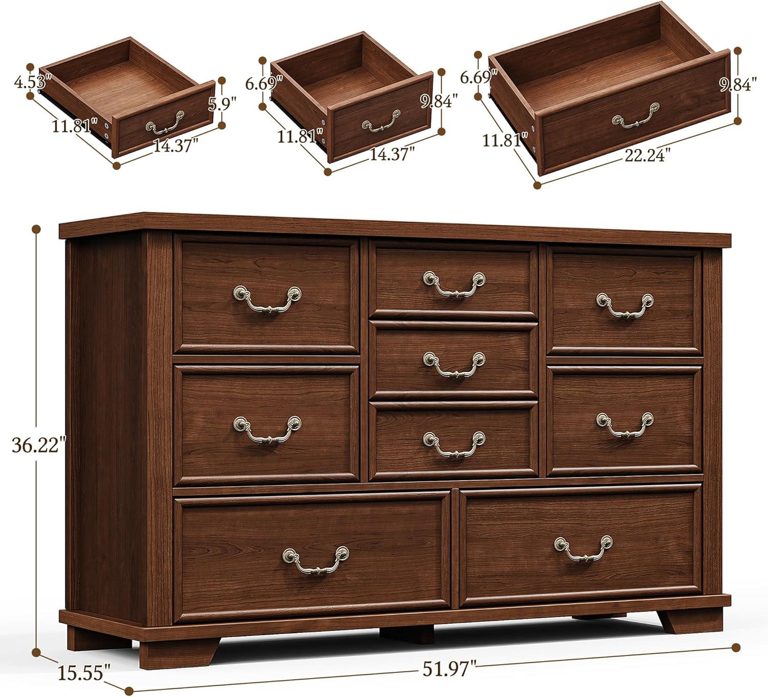 Antique Brown 9-Drawer Rustic Wood Dresser with Metal Handles