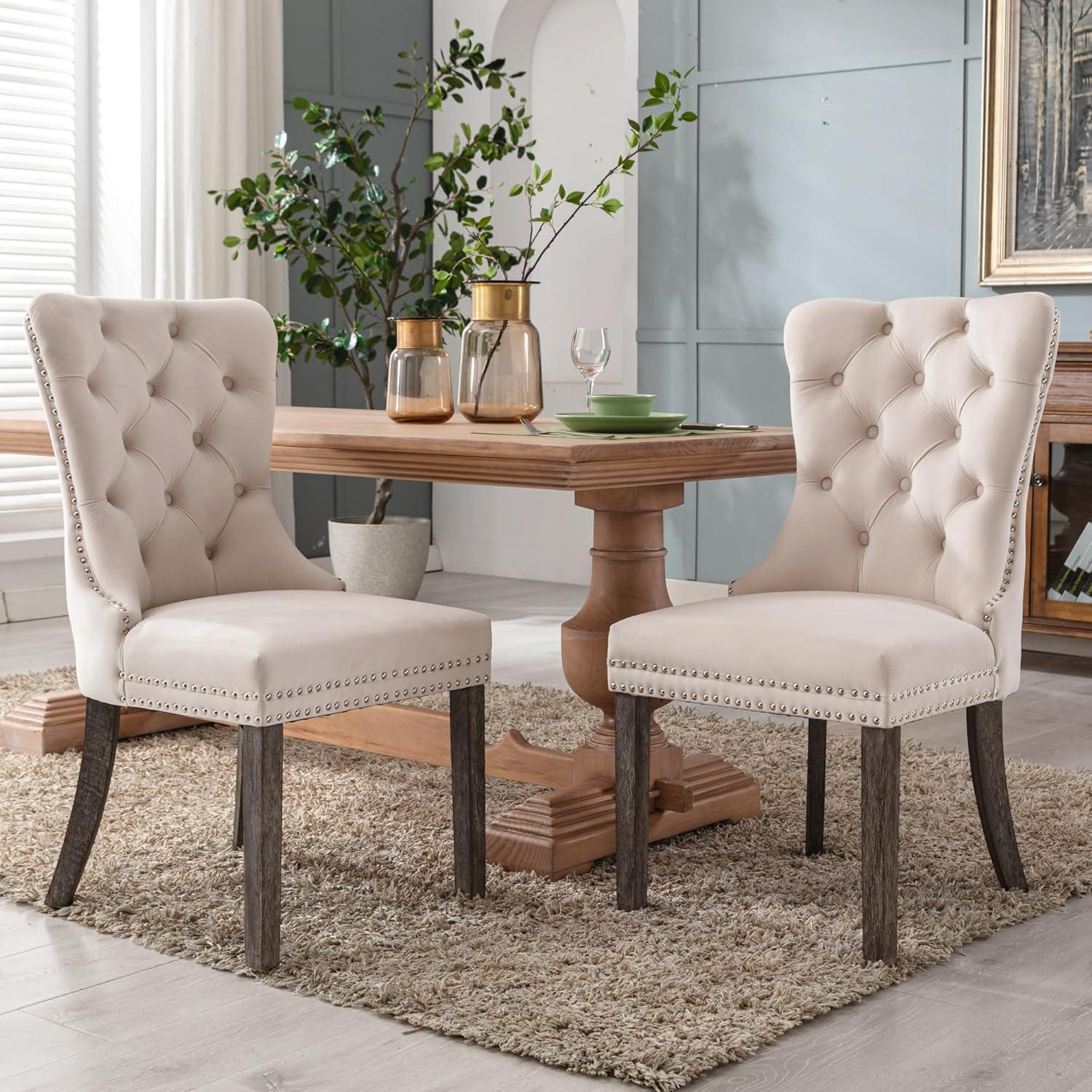 Velvet Dining Chairs Set of 4, Nikki Collection Dining Room Chairs with Wood Legs and Pull Ring, Luxury Side Chair with Nailhead Trim and Button Tufted Back, Beige