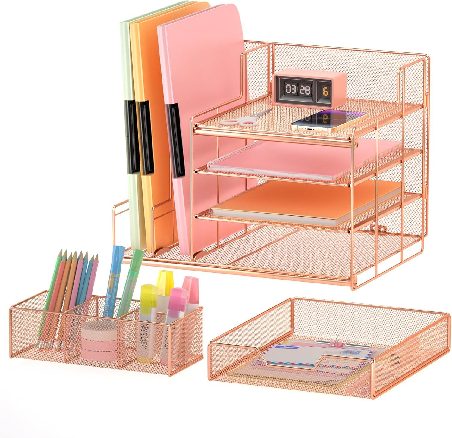 Desk Organizers and Desk Accessories - Rose Gold Desk Organizer with File Sorters, File Organizer with Drawer, Desk Accessories & Workspace Organizers for School Office Supplies