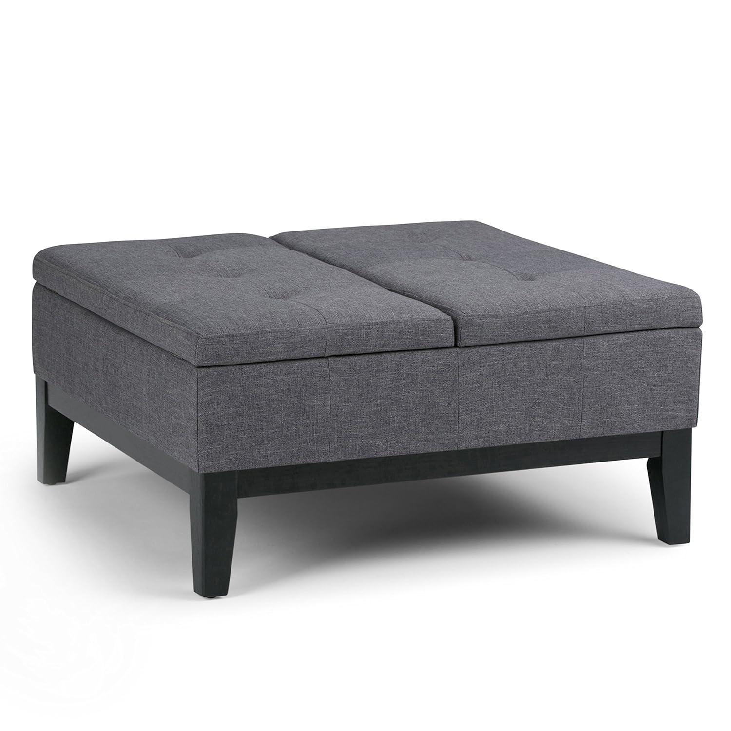 Simpli Home Dover 36"W Upholstered Square Coffee Table Storage Ottoman with Split Tufted Lift Top