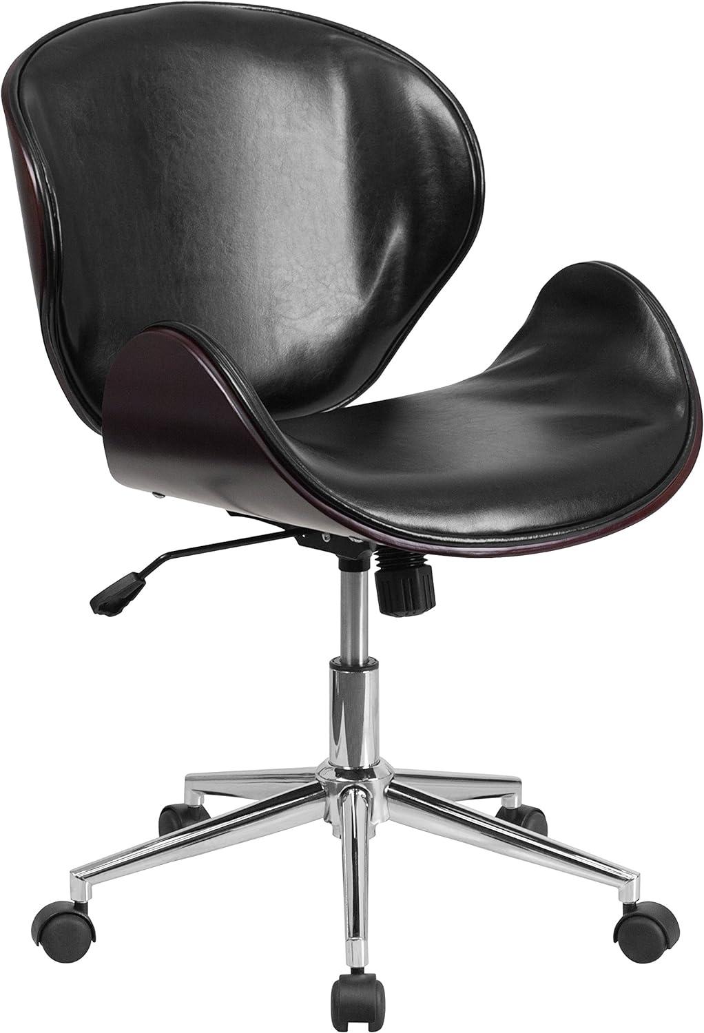 Ergonomic Mahogany Wood and Black Leather Mid-Back Swivel Office Chair