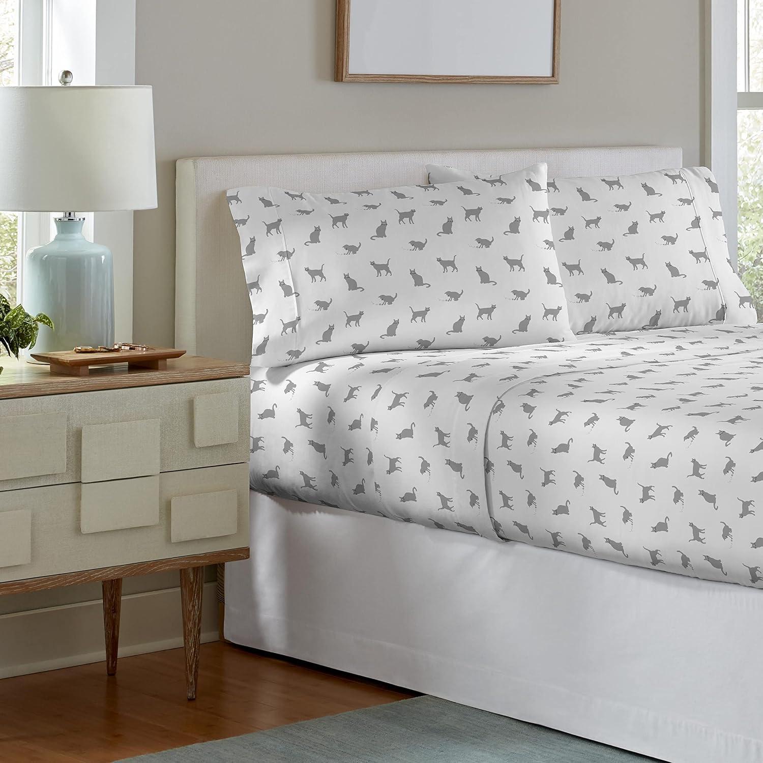 Pointehaven 180 GSM Velvet Feel Luxury Cotton Printed Flannel Sheet Set, Twin, Cats
