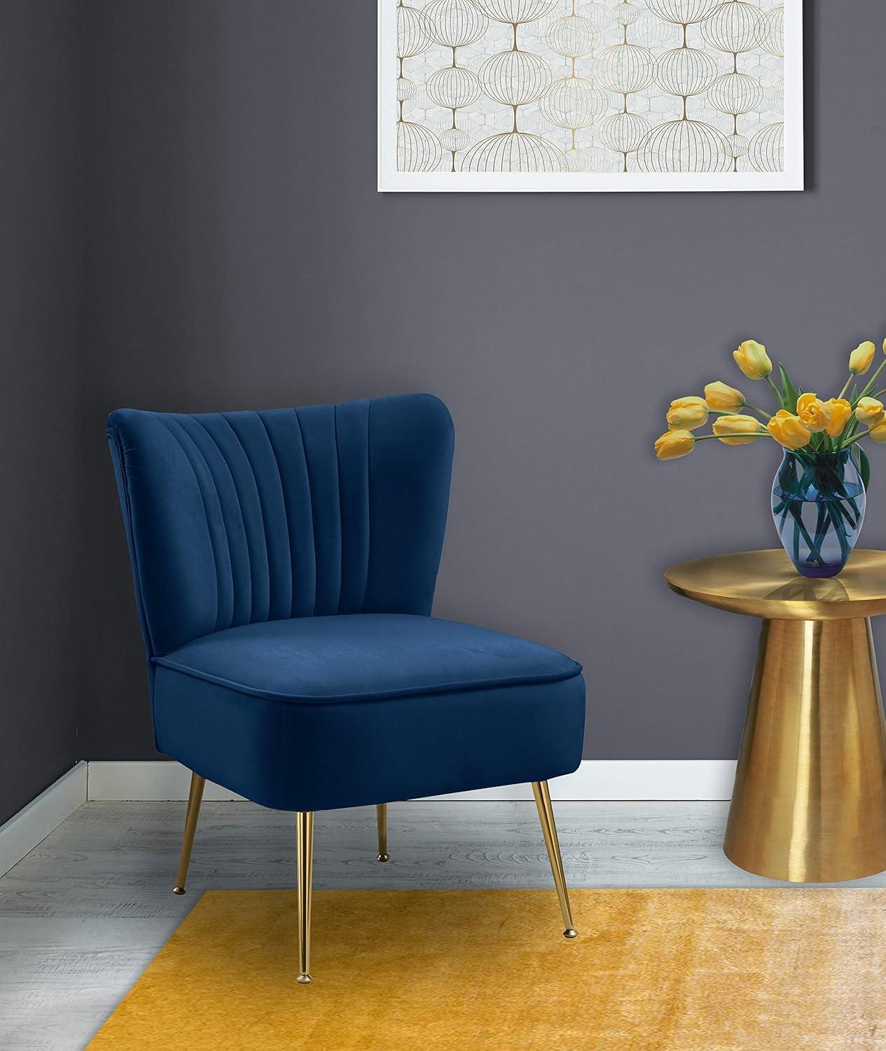 Meridian Furniture Tess Collection Modern | Contemporary Velvet Upholstered Accent Chair with Deep Channel Tufting and Custom Gold Steel Legs, 22.5" W x 26.5" D x 29.5" H, Navy