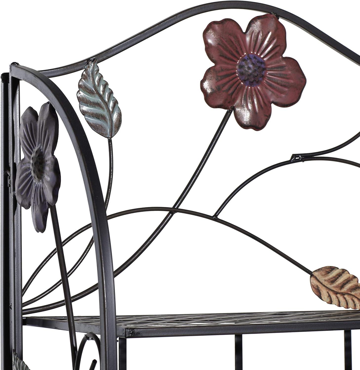 Black Metal Floral Four-Tier Foldable Baker's Rack