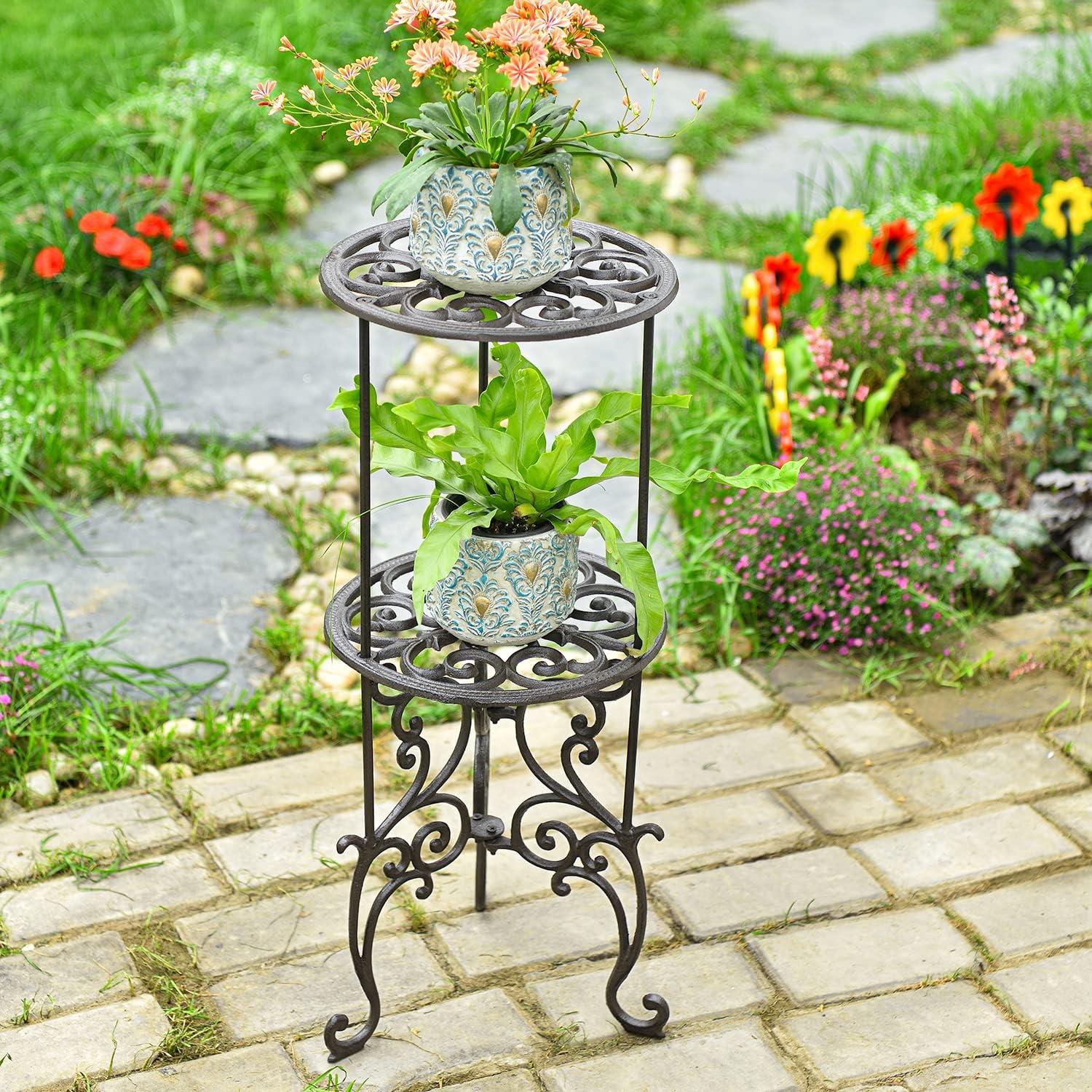 Sungmor Heavy Duty Cast Iron Potted Plant Stand,26-Inch 2 Tiers Metal Planter Rack,Decorative Flower Pot Holder,Vintage & Rustic Style Indoor Outdoor Garden Pots Container Supports C49