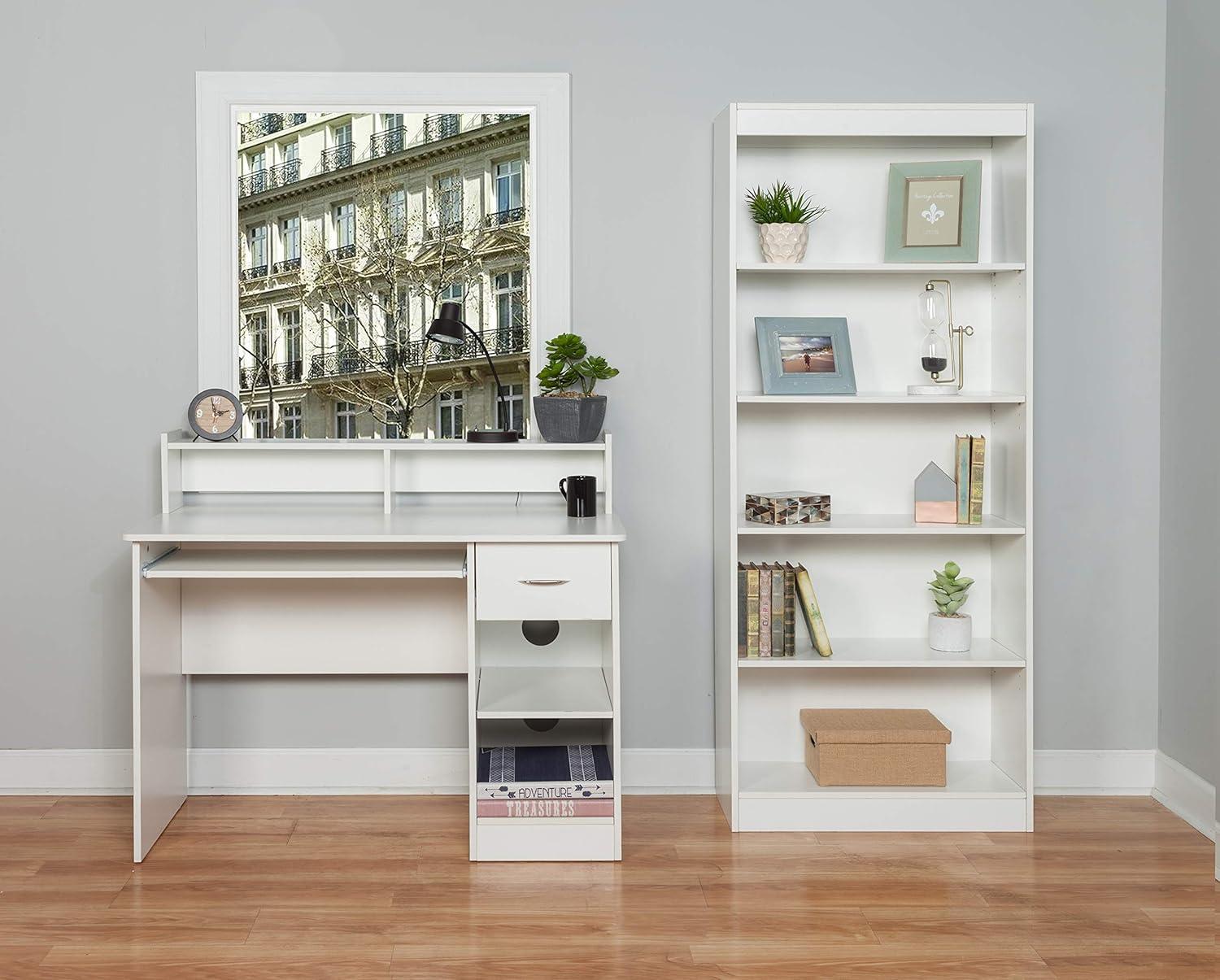 White Adjustable 5-Tier Wood Bookshelf