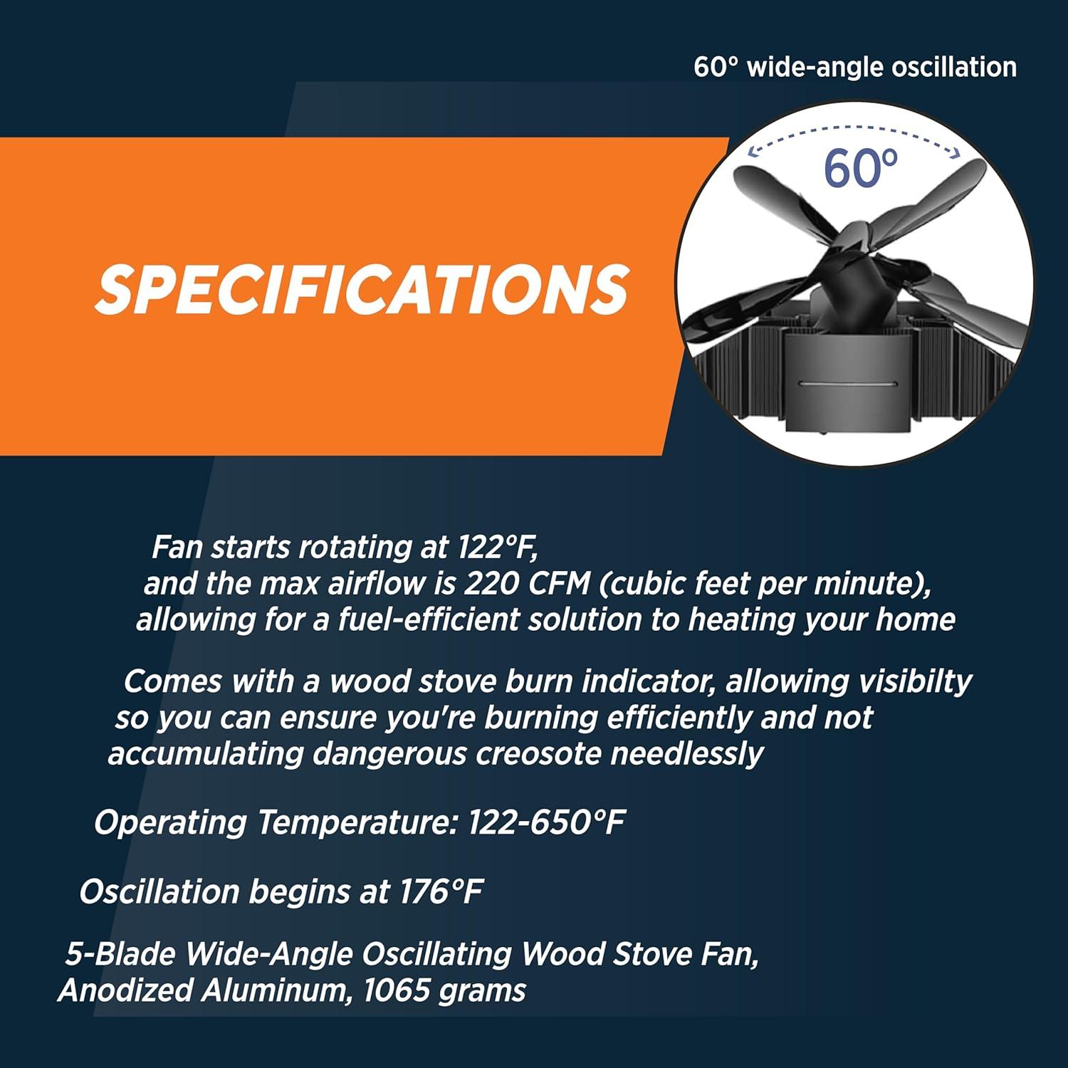 Black Matte Heat-Powered Oscillating Wood Stove Fan
