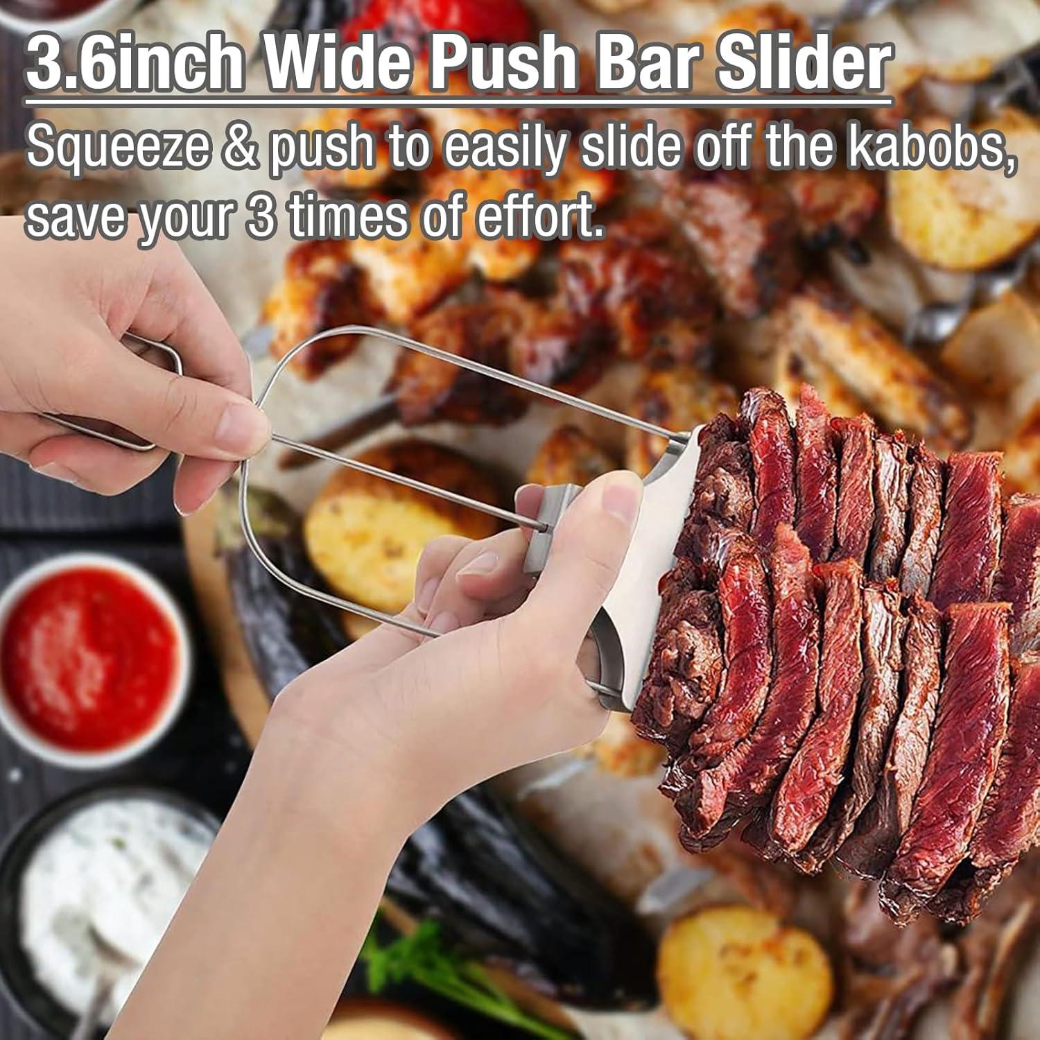 Skewers for Kabobs Set of 2, 14 Inch 3-Prongs Metal Kabob Skewer Stainless Steel Flat Sticks with Slider for Grilling Meat, Veggies, Sausages, Reusable Shish Kebab Skewers with Storage Bag