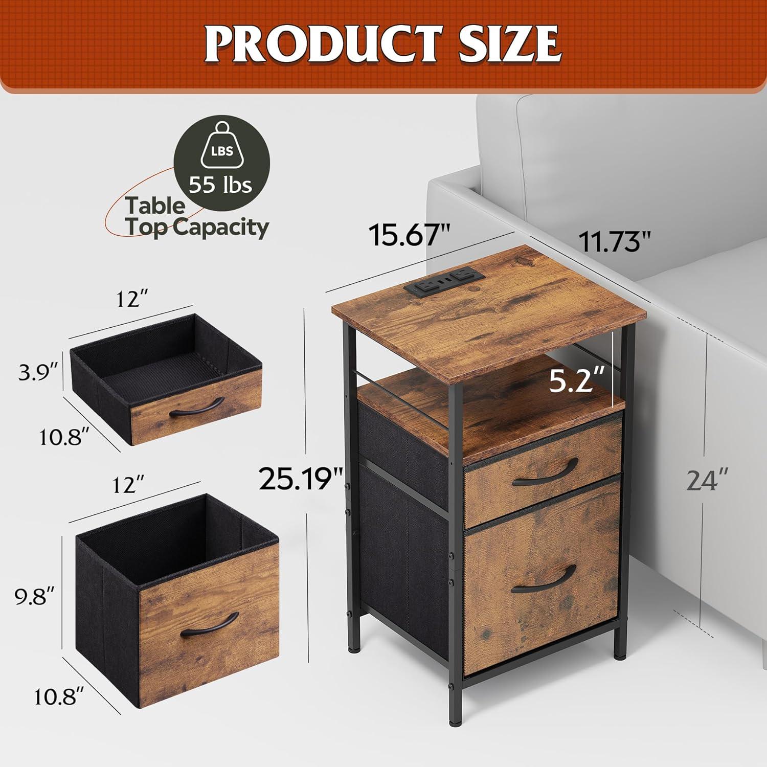 WLIVE Night Stand Set of 2 with Charging Station, LED Nightstand Sets with 2 Fabric Drawers and Storage Shelf, Small Bedside Tables for Small Spaces, Dresser for Bedroom, Rustic Brown