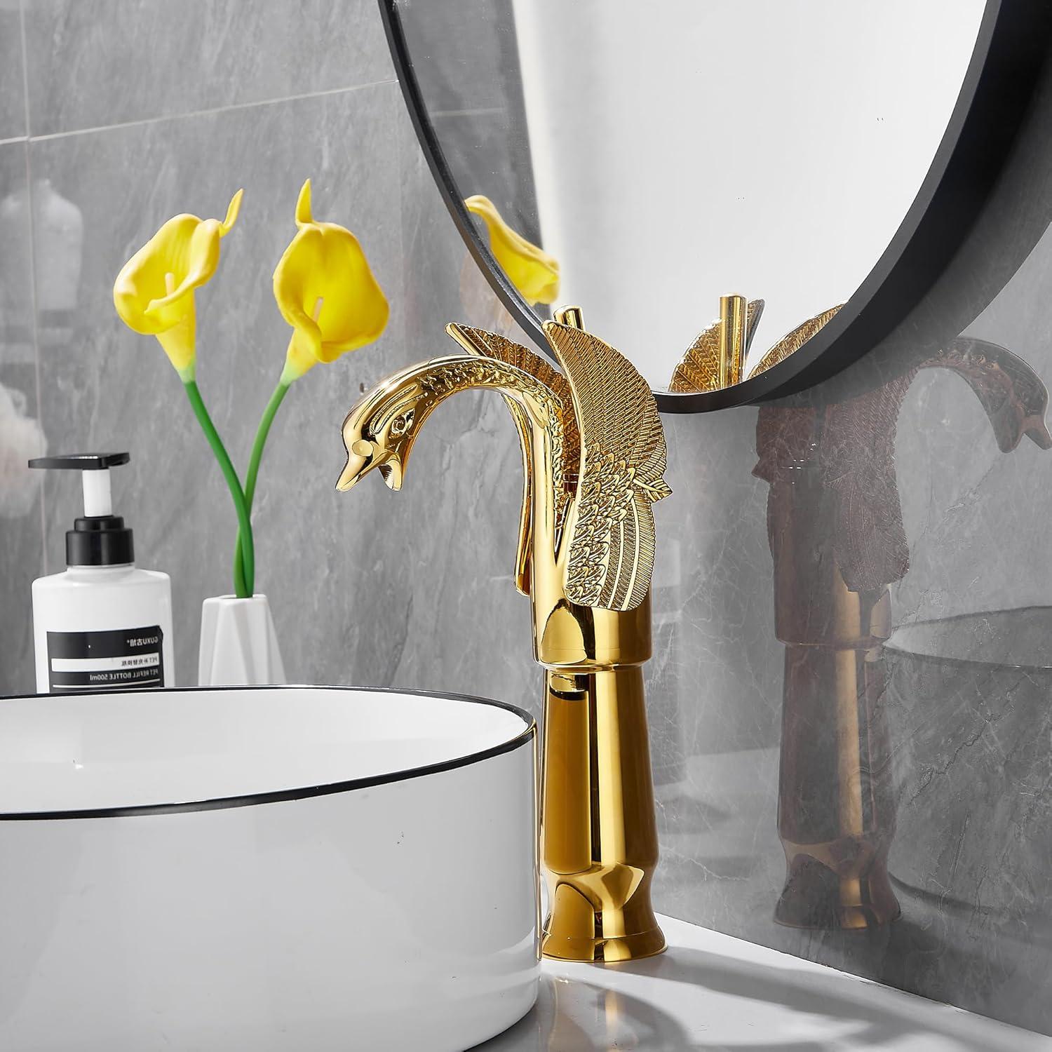 Gold Swan Shape Single Handle Deck Mount Faucet