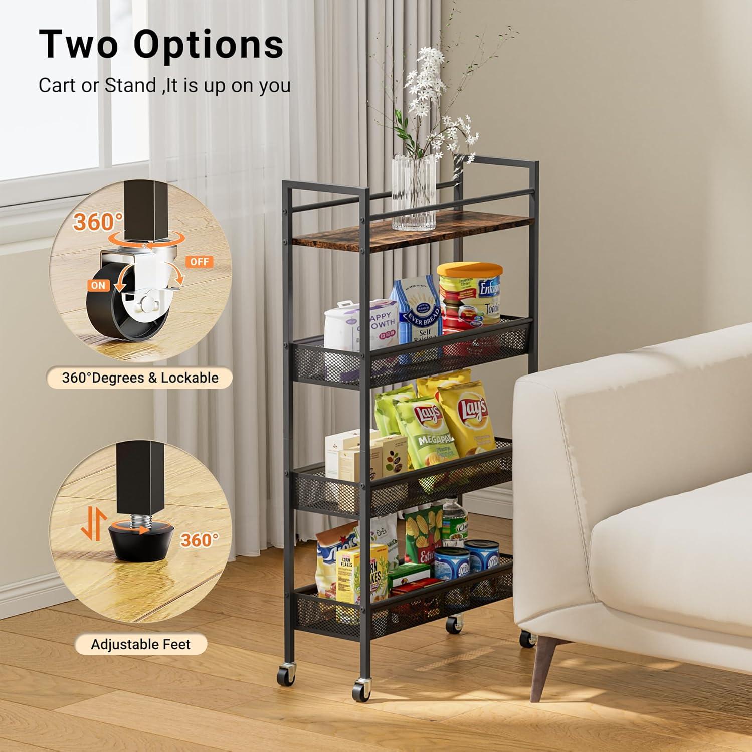 Slim Black Metal and Wood 4-Tier Kitchen Cart