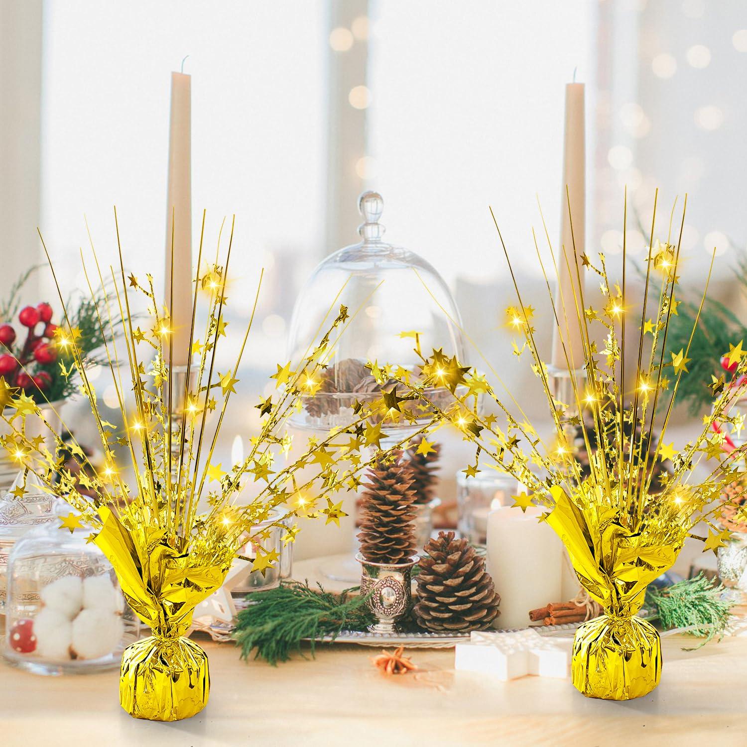 6 Sets Metallic Foil Spray Centerpiece with LED Lights Star Centerpieces for Tables Burst Metallic Glitter Foil Party Table Centerpieces for Party Event Anniversary Birthday Dining Table Decor