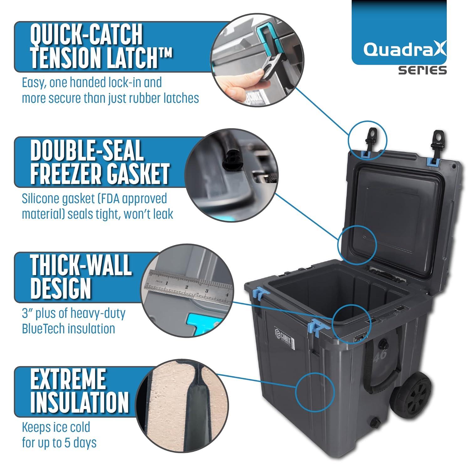 Cubix Outdoors 46 QT QuadraX Wheeled Portable Insulated Hard Cooler - Fits 26 Cans - Granite Gray