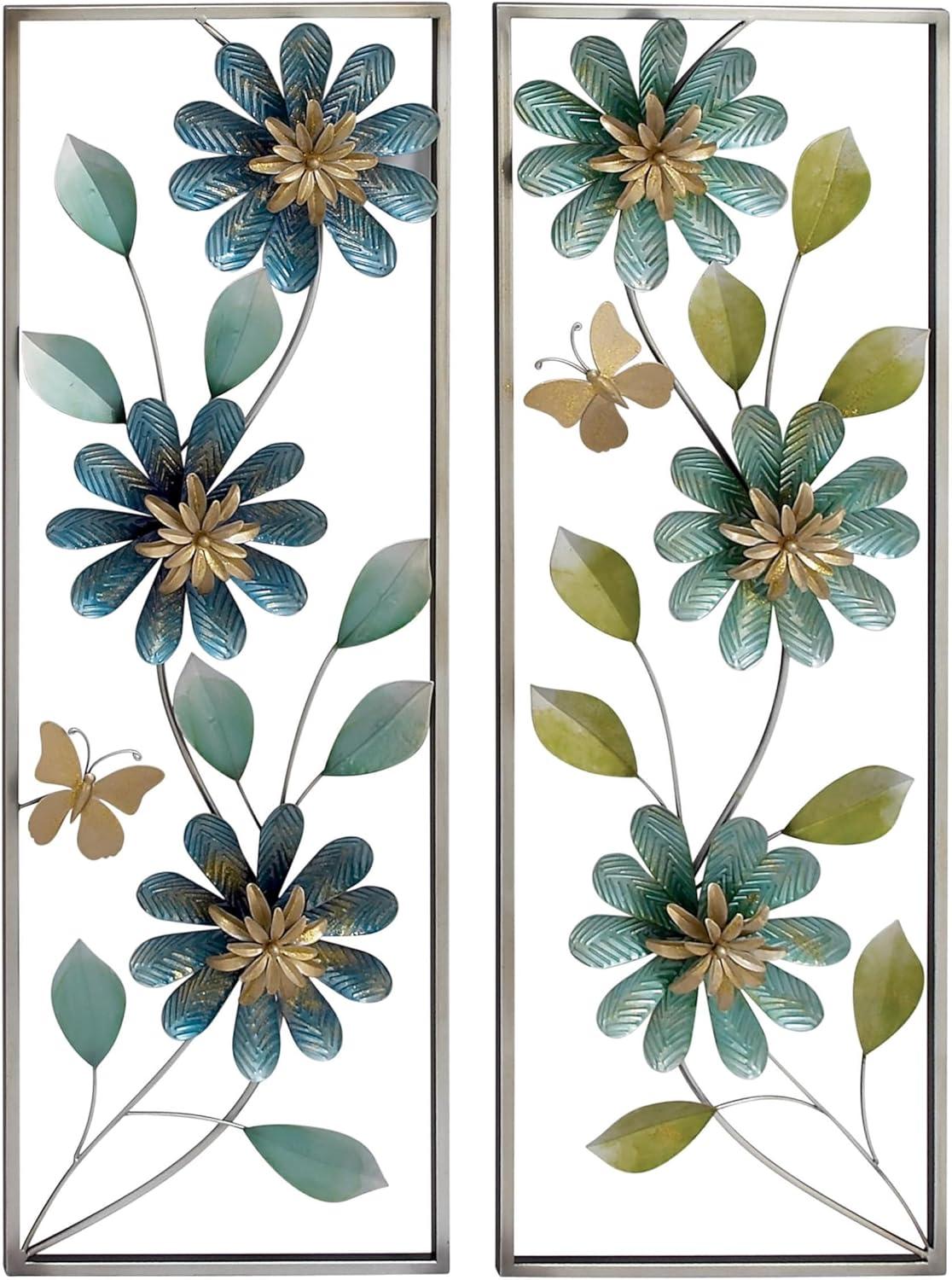 Green and Blue Metal Floral Wall Sculpture Set with Silver Frame