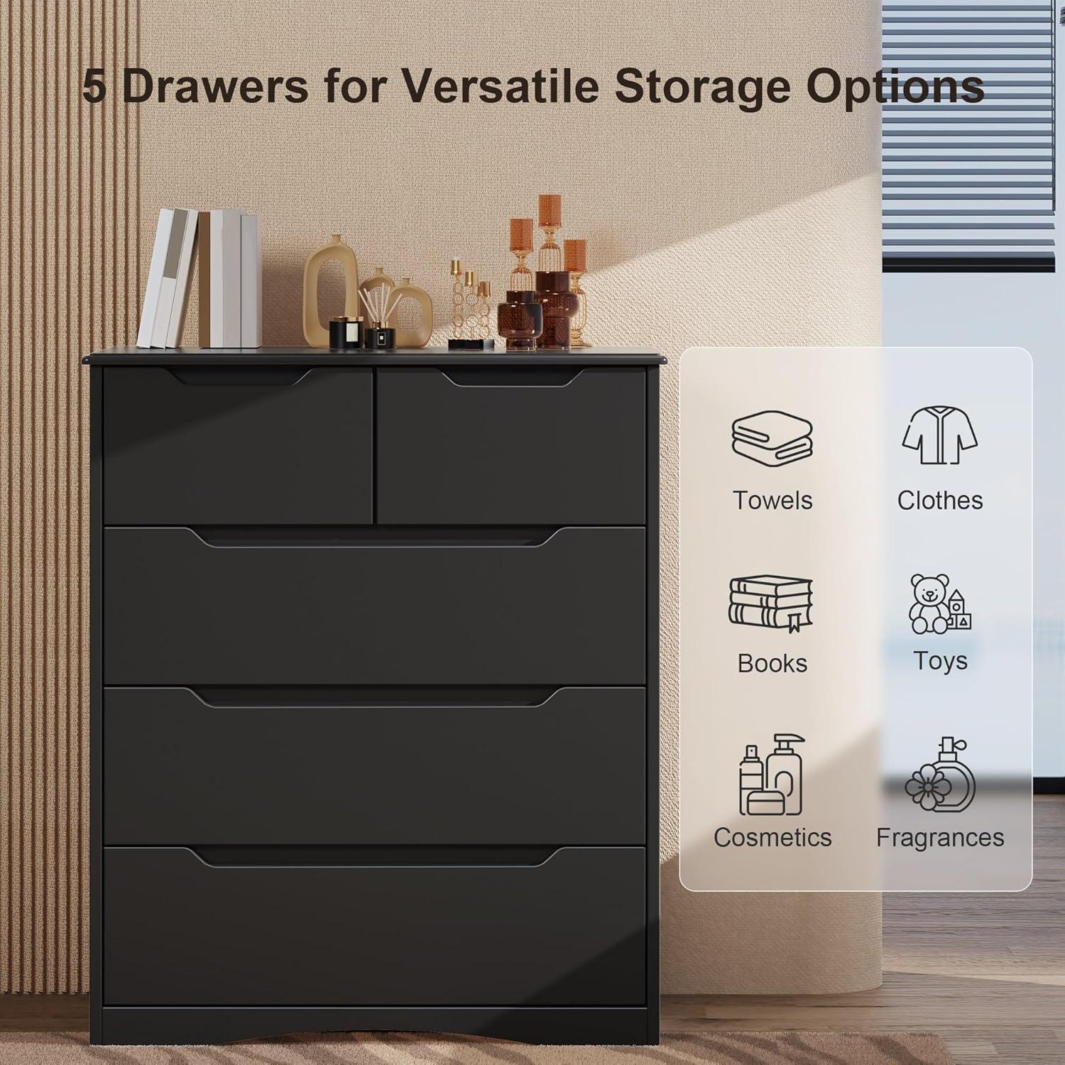 37  Tall Modern 5 Drawer Chest of Drawers Dresser Organizer, Vertical Clothes Storage Hanging Cabinet for Hallway, Bedroom