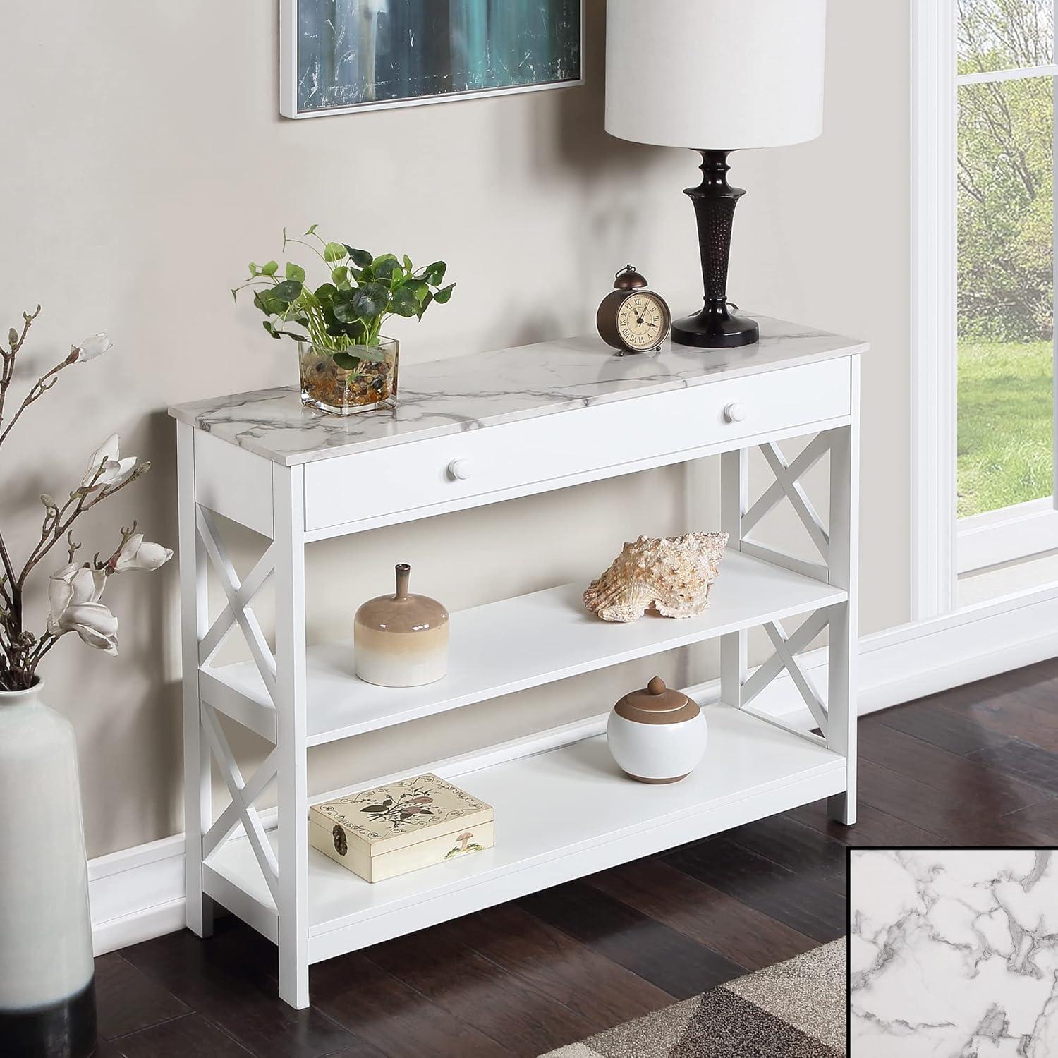 Convenience Concepts Oxford 1 Drawer Console Table with Shelves, White Faux Marble & White