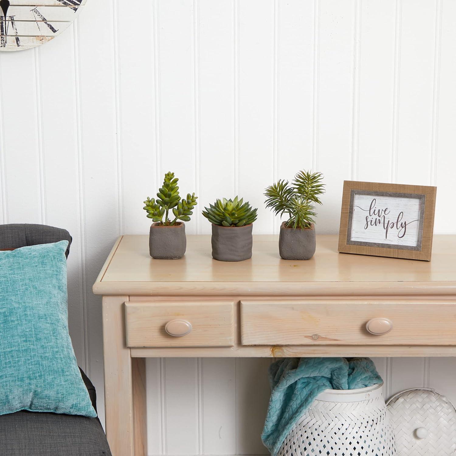 Set of Three Green Faux Succulent Plants in Ceramic Pots