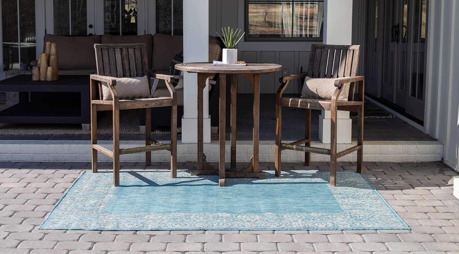 Unique Loom 7' 1 x 10' 0 Rectangle Indoor/Outdoor Border Aqua Area Rug