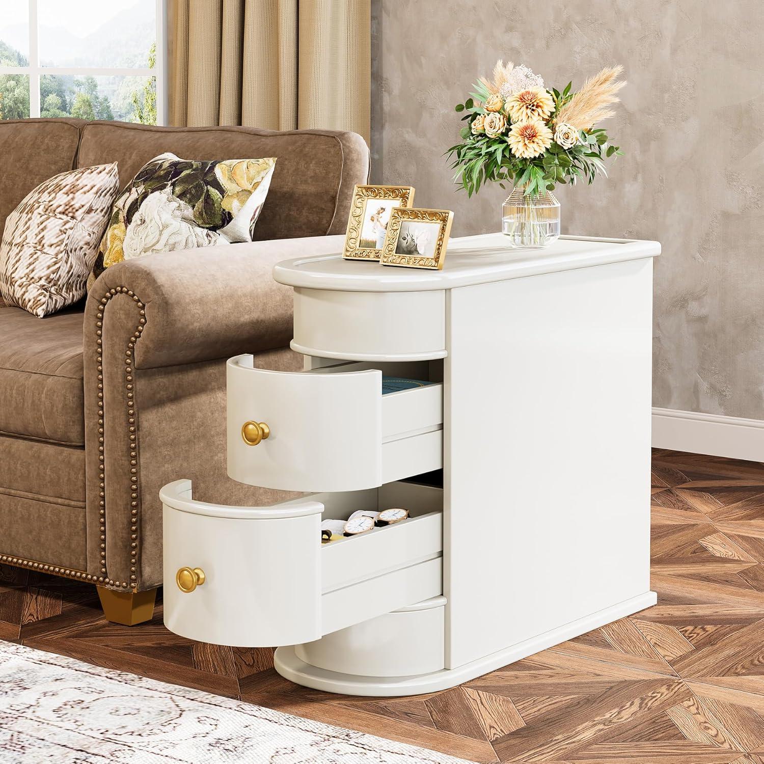 Hommoo Wood Narrow Nightstand with 2 Drawers Off-White