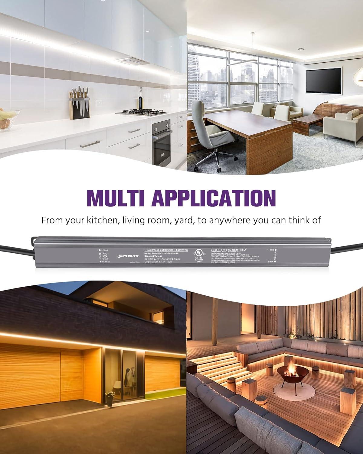 HitLights 100W Dimmable LED Driver Transformer, Power Supply 100~277V AC to 24V DC, 4.1A, Compatible with Forward/Reverse Phase, TRIAC, MLV, ELV Dimmers Such As Lutron, Leviton, Legrand, UL-Listed