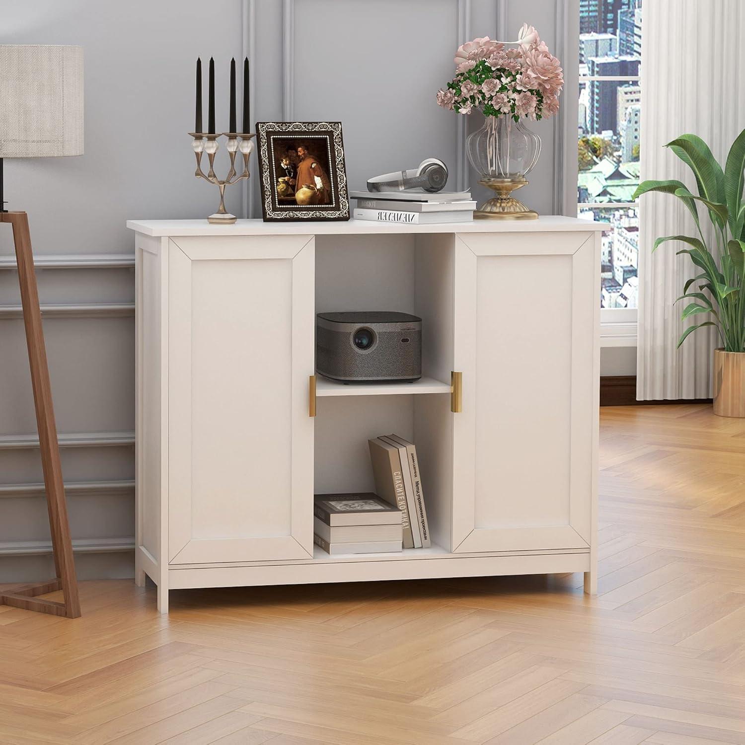 White MDF Storage Cabinet with Gold Handles and Shelves