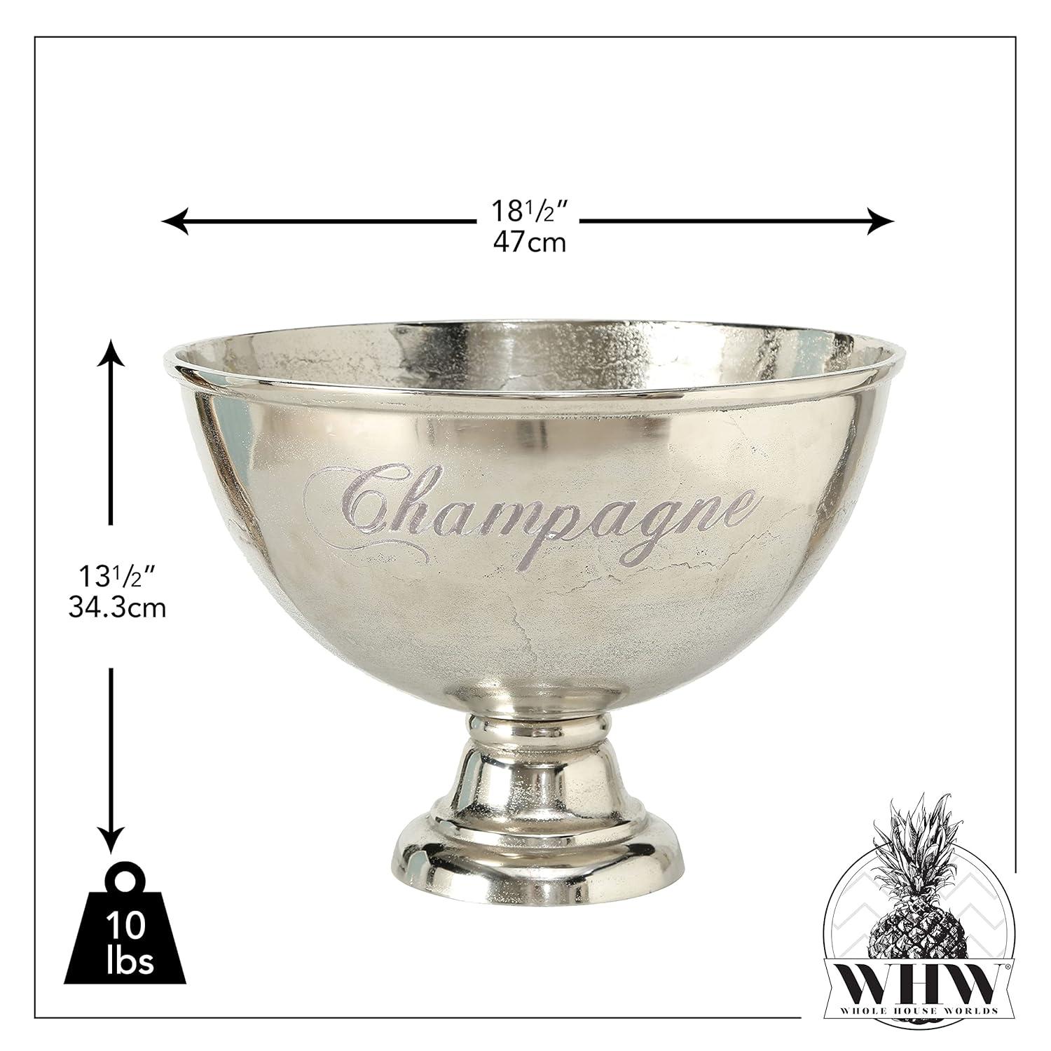 Luxury Champagne Ice Bucket, Elegant Script Text Details, Hand Cast, Silver Aluminum, 18.5 inches