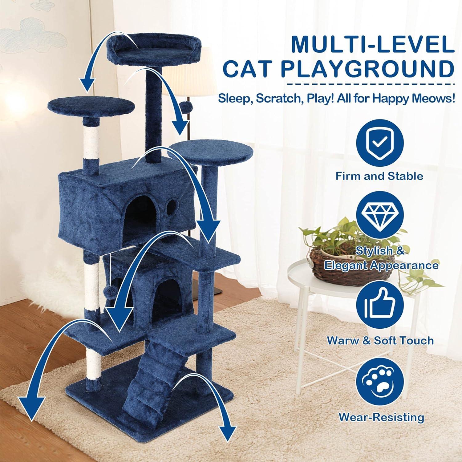 FDW 54in Cat Tree Tower Multi-Level Scratching Post & Play House for Indoor Cats/Kittens, Navy Blue