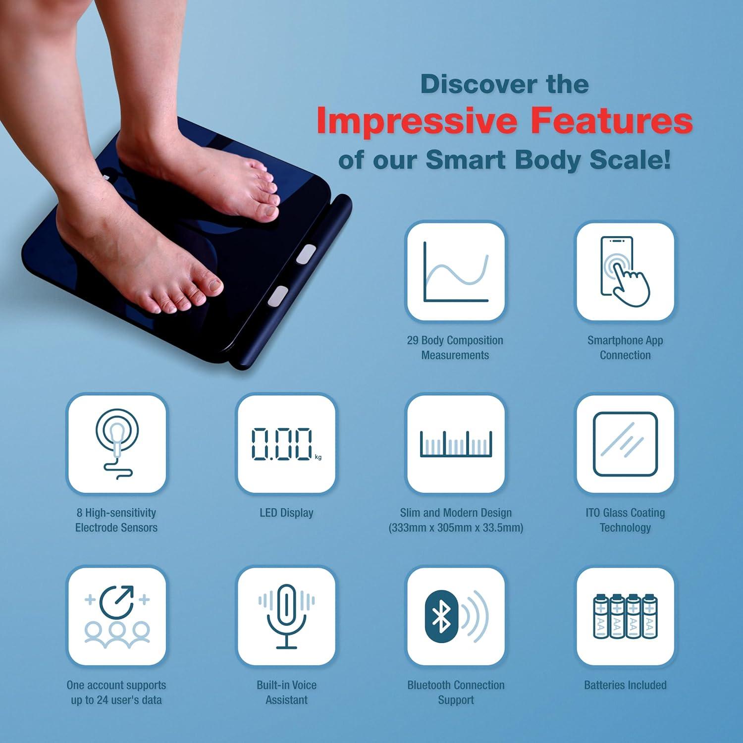 Bisonbody Smart Digital Body Scale – 29 Health Metrics – for Advanced Fitness Enthusiasts – Durable Tempered Glass – 8 High Sensitivity Electrodes Sensors – Smartphone App Connection