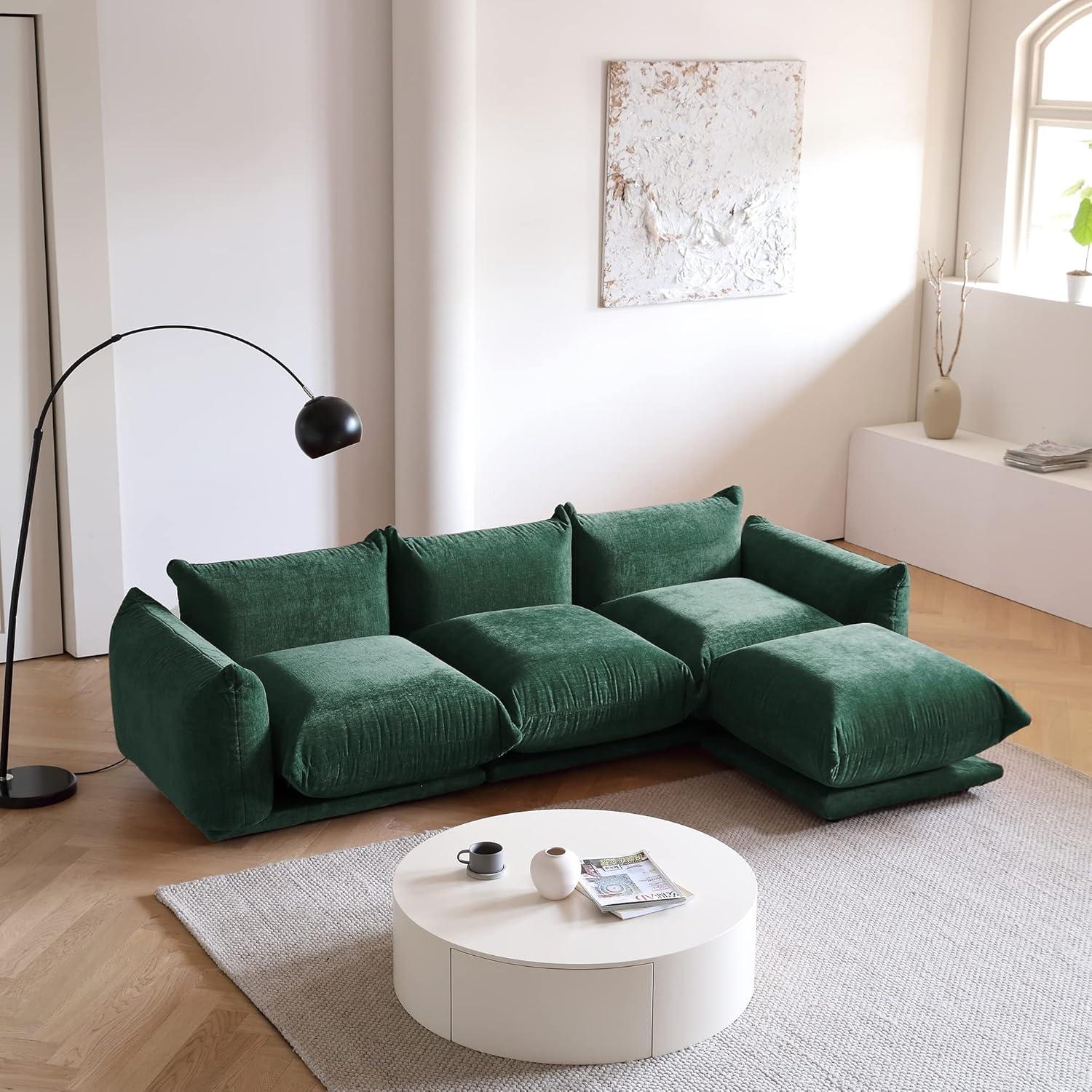 JACH Mid-Century Modern Comfy Couch, Chenille Sectional Sofa Modular Couches with Thick Cushion, 3 Seater 103" Plush Sofas Furniture for Living Room Bedroom Office Apartment, Green