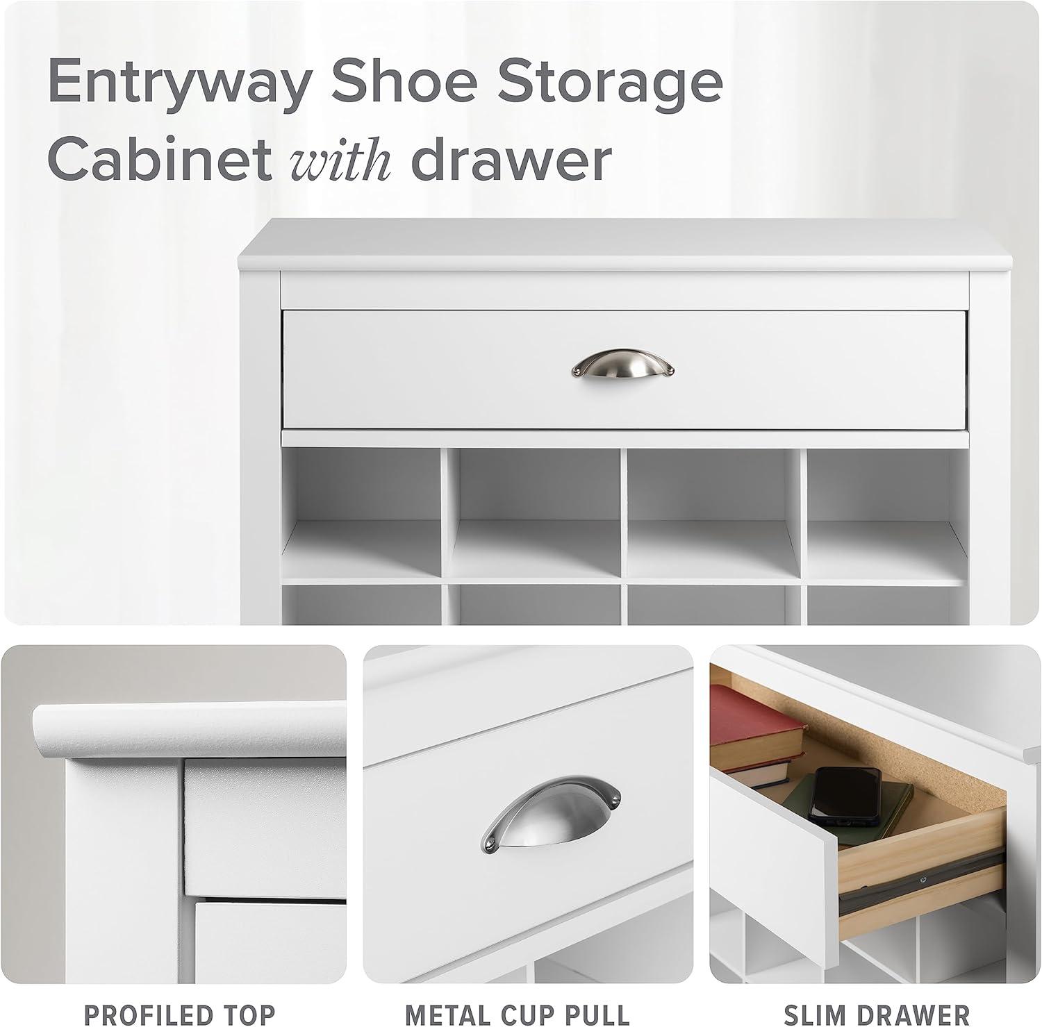 White 16-Cubby Entryway Shoe Storage Cabinet with Drawer