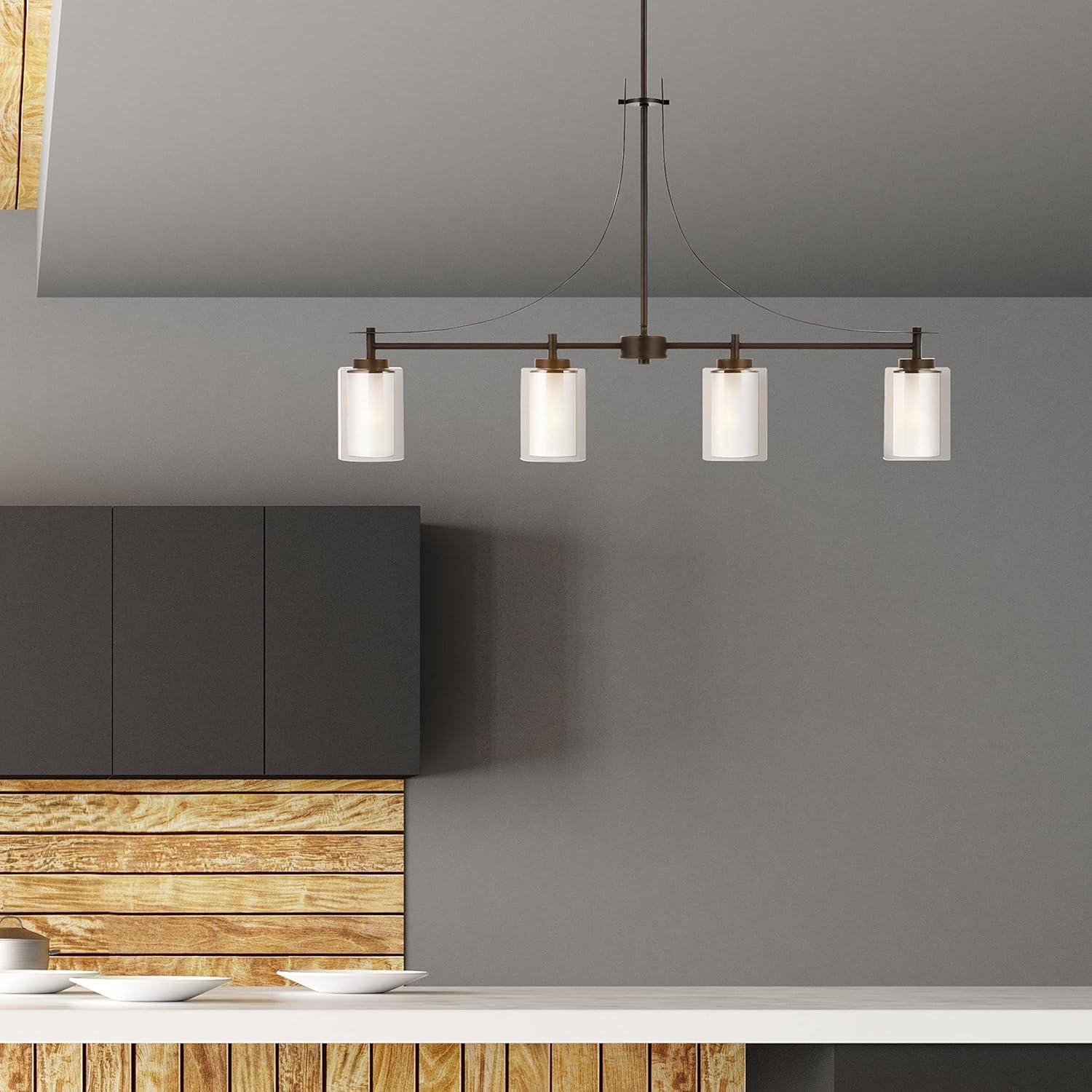 Elmwood Park 40 in. 4-Light Bronze Modern Transitional Linear Island Hanging Pendant with Satin Etched Glass Shades