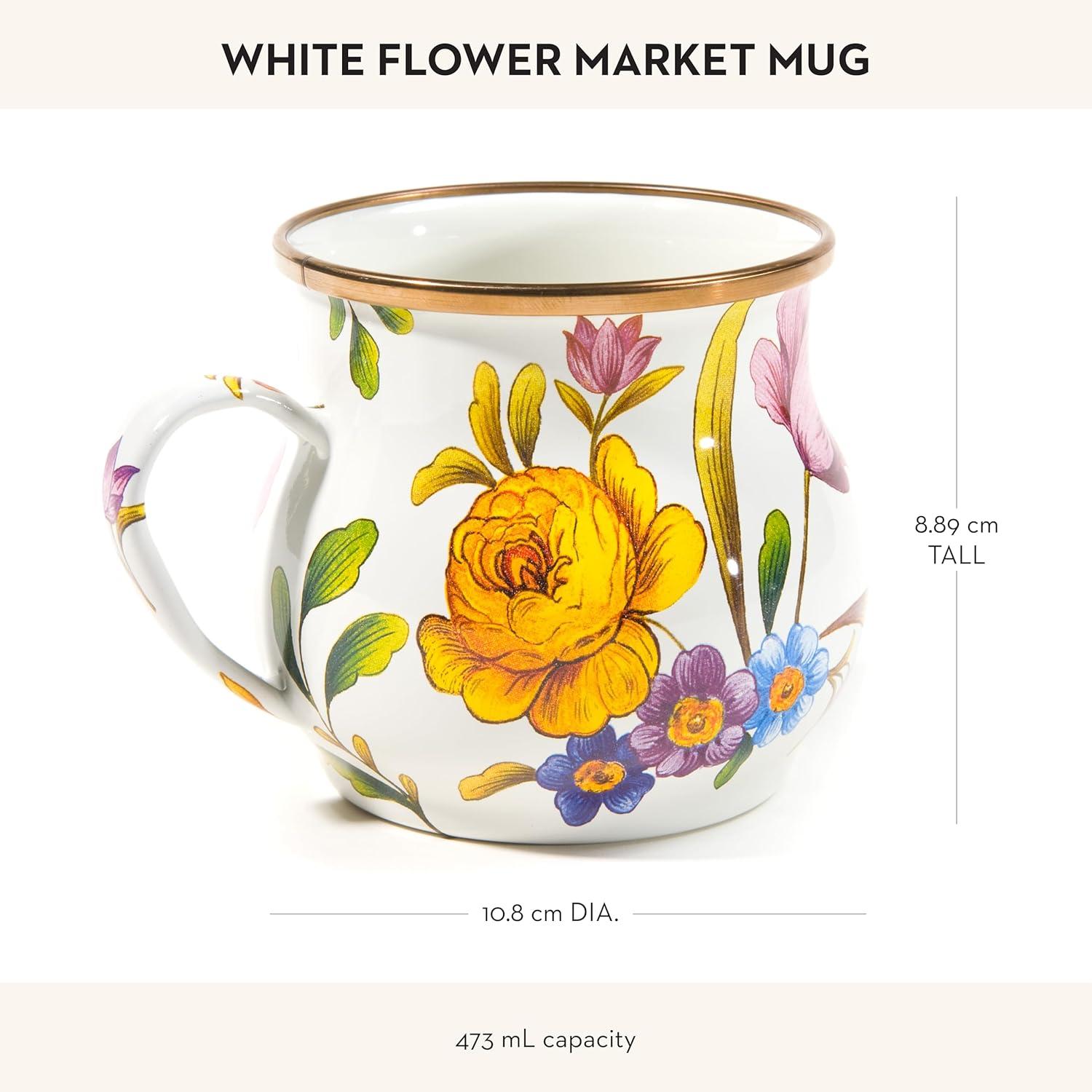 White Enamel Floral Market Coffee Mug, 16 Ounces