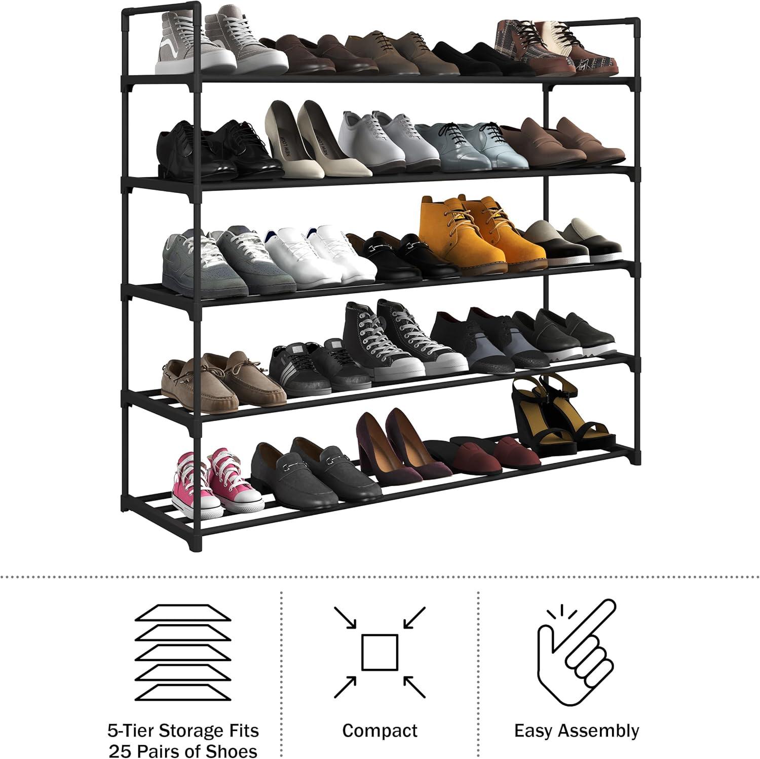 Home-Complete 5-Tier Shoe Rack for 25 Pairs, Black