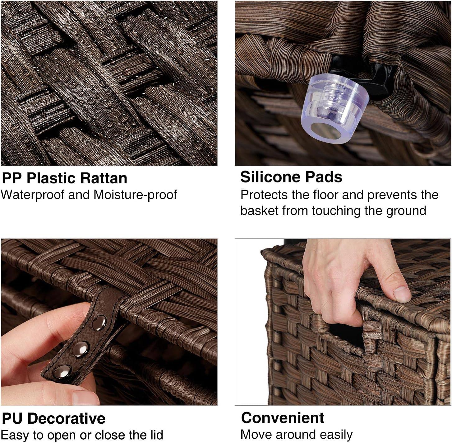 Greenstell Laundry Hamper with Lid, 125L Large Clothes Hamper with 3 Section & 2 Section Removable Liner Bags & 5 Mesh Laundry Bags, Handwoven Synthetic Rattan Divided Laundry Basket, Brown