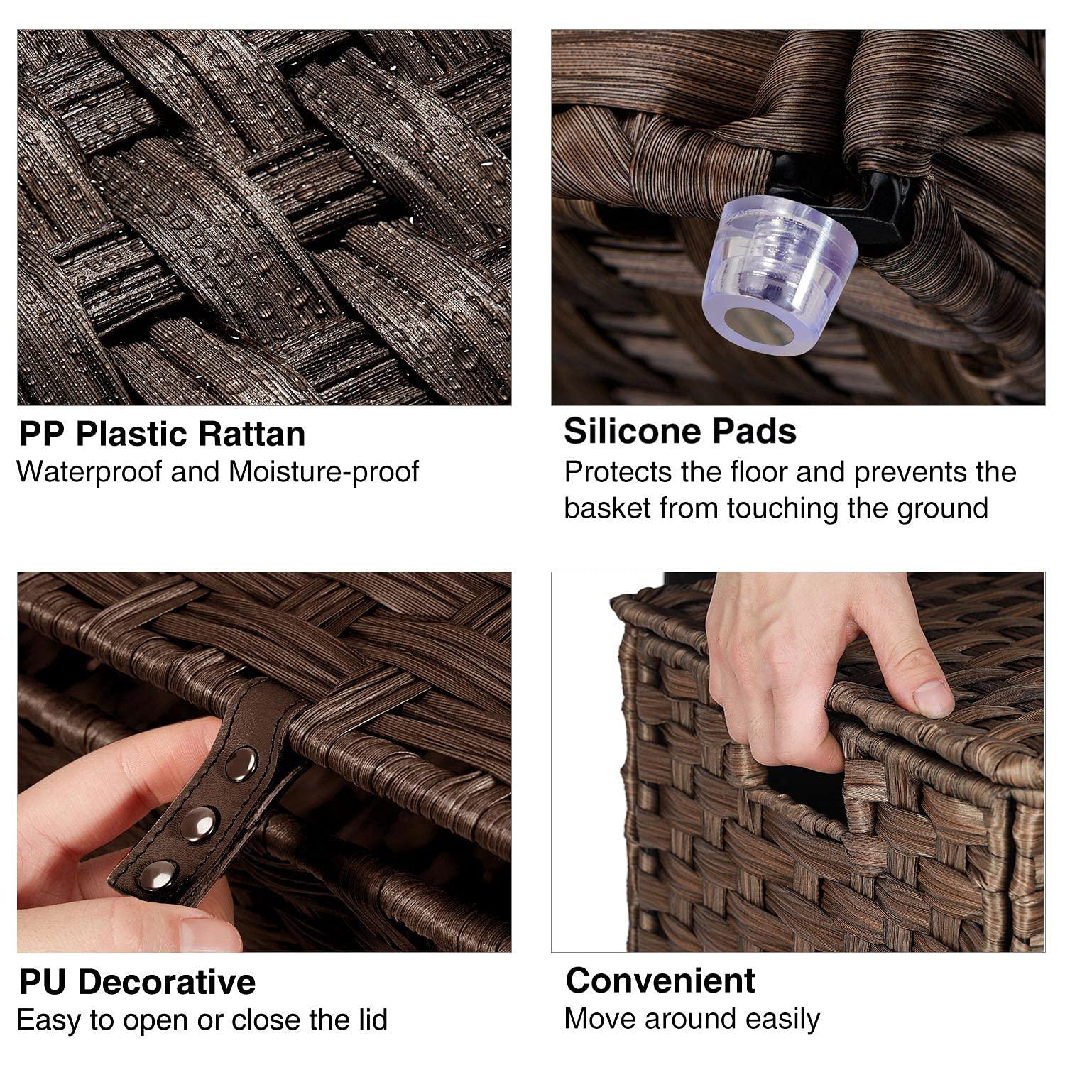 Greenstell Laundry Hamper with Lid, 125L Large Clothes Hamper with 3 Section & 2 Section Removable Liner Bags & 5 Mesh Laundry Bags, Handwoven Synthetic Rattan Divided Laundry Basket, Brown