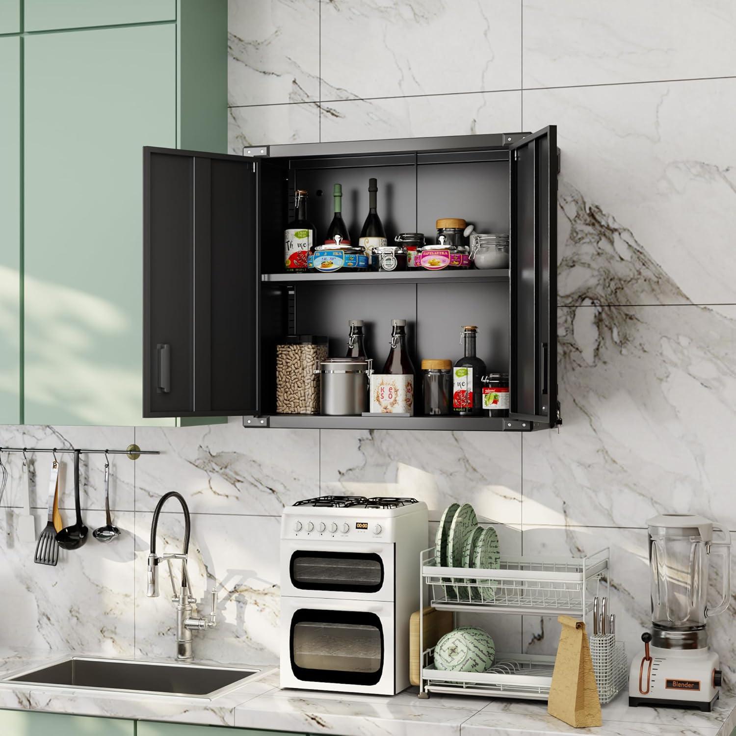 AOBABO Metal Garage Wall Mounted Storage Cabinet with Locking Door, Shelf, and Opened Drawer for Warehouse and Office Organization, Black