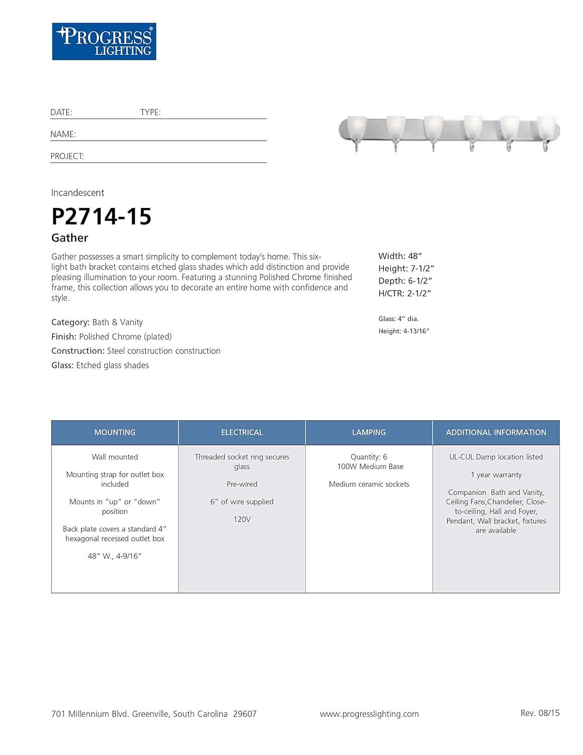 Progress Lighting Gather 6-Light Bath Bracket, Polished Chrome, Etched Glass Shades