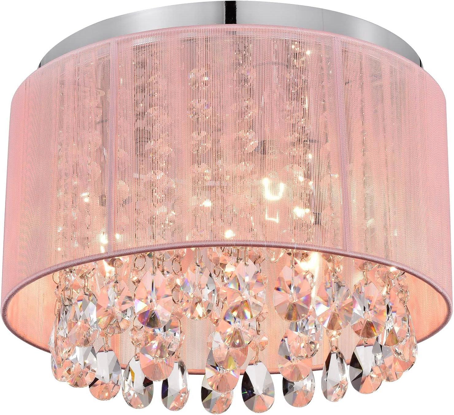Pink Chandelier Drum Flush Mount Chandelier Crystal Ceiling Light Fixture 3 Light Bedroom Chandelier