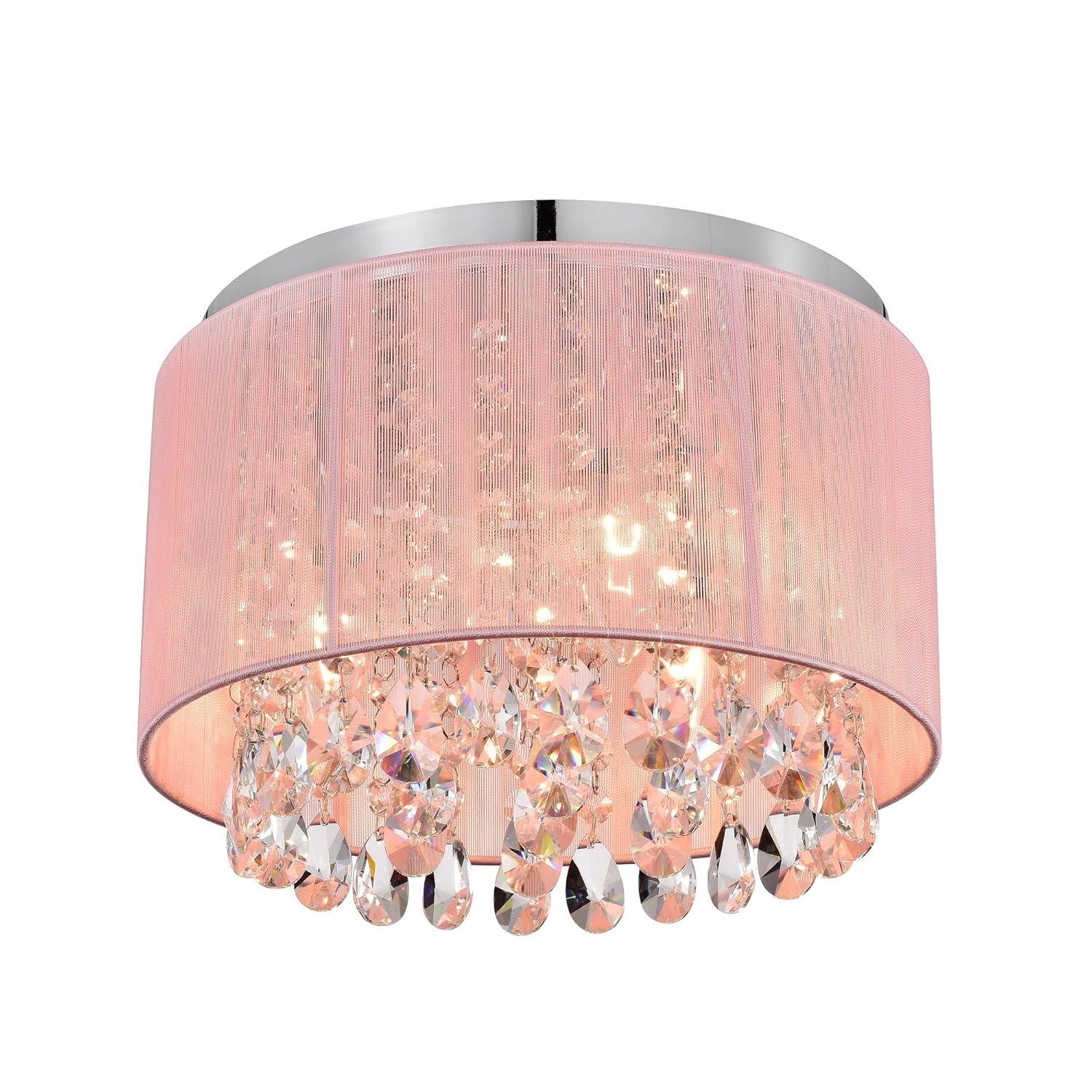 Pink Chandelier Drum Flush Mount Chandelier Crystal Ceiling Light Fixture 3 Light Bedroom Chandelier