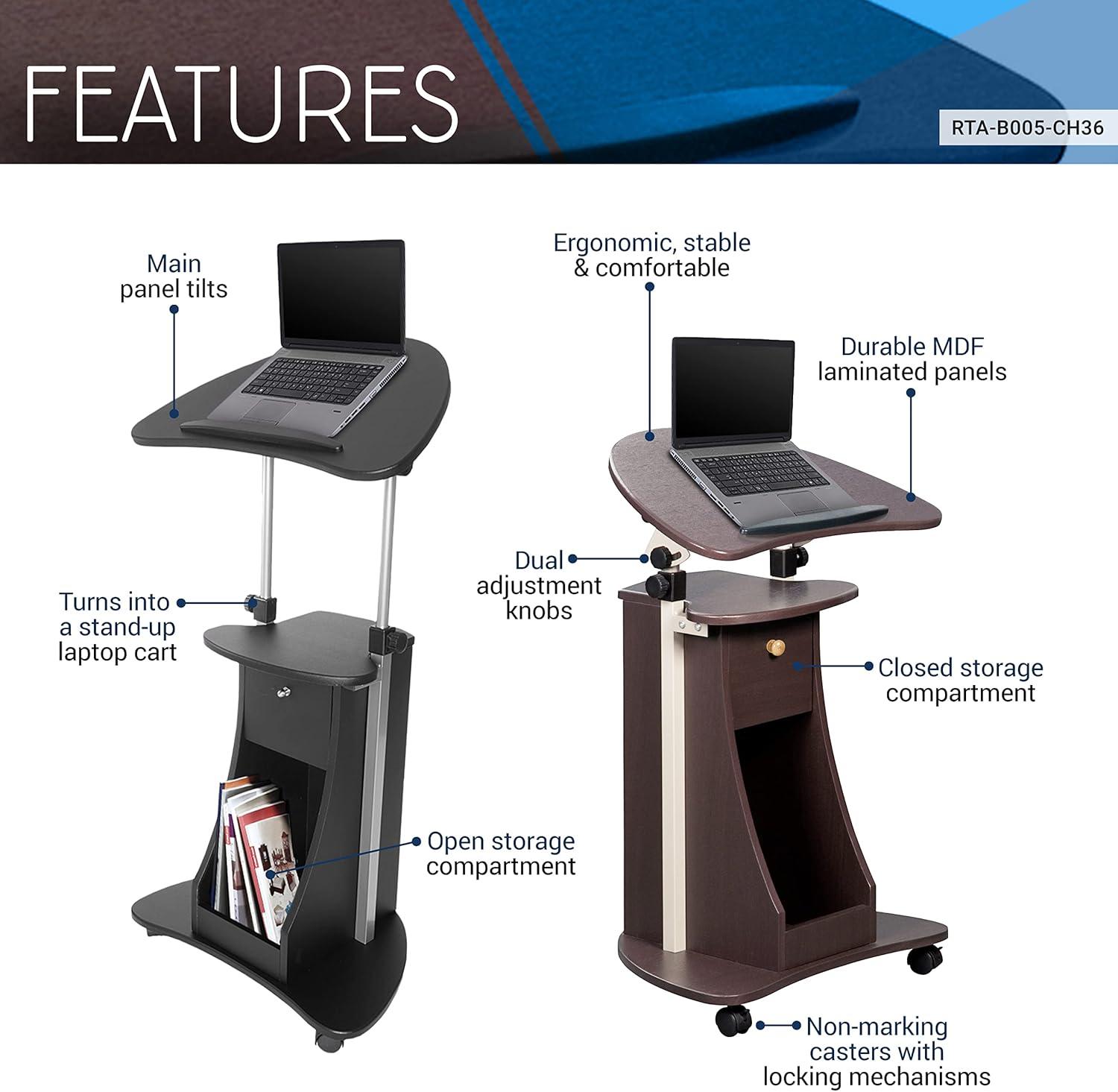 Chocolate Adjustable Height Mobile Sit/Standing Desk with Storage