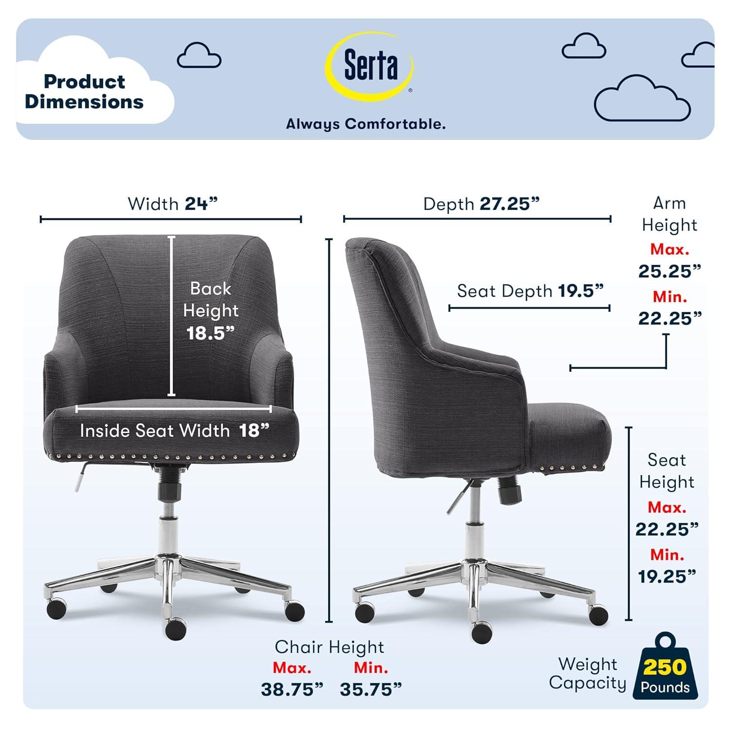 Style Leighton Home Office Chair Inviting Graphite - Serta: Mid-Back, Twill Fabric, Adjustable