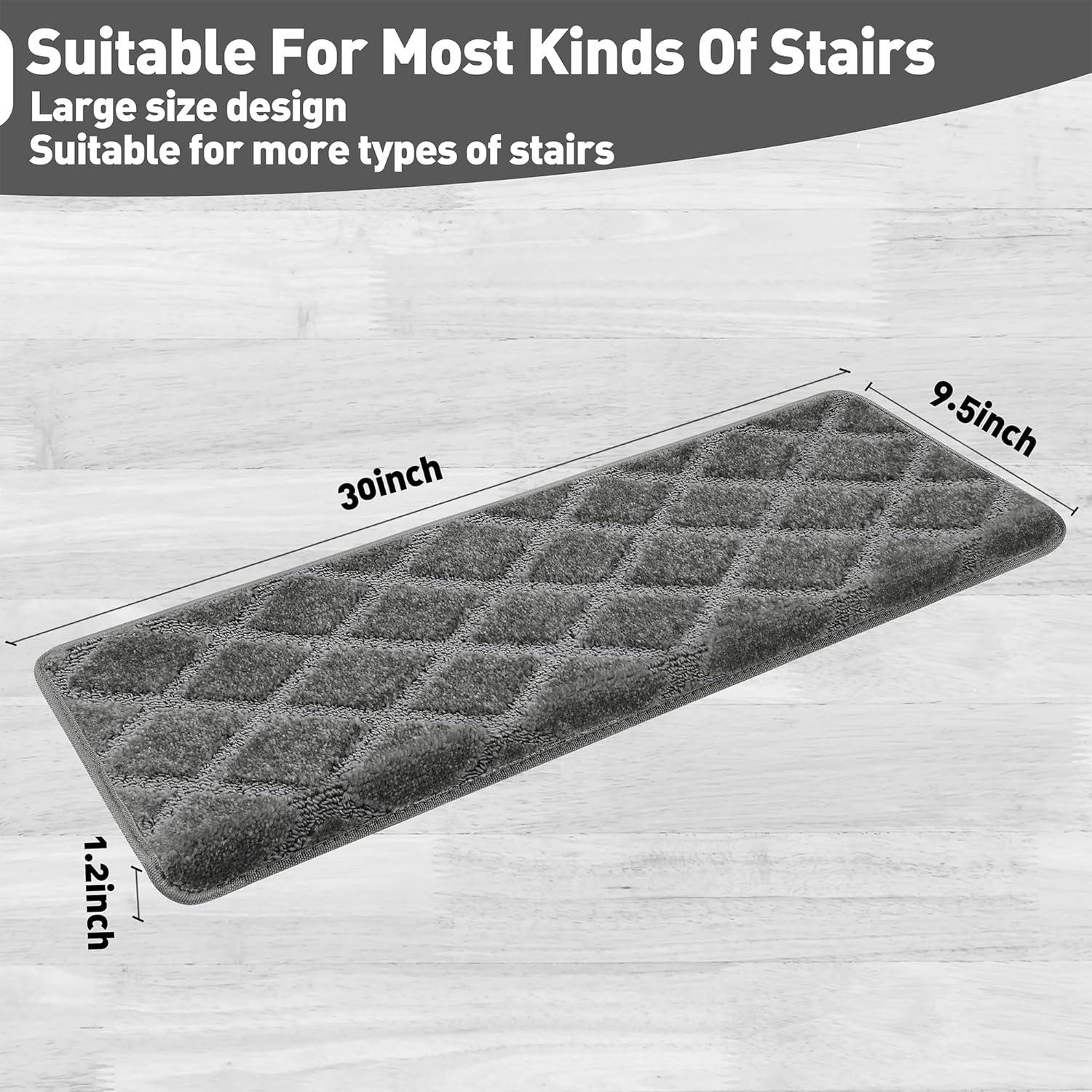 PURE ERA Bullnose Carpet Stair Treads Protectors for Wooden Steps 9.5" x 30"x1.2" Pet Friendly Tape Free Non-Slip (Set of 14 Pieces,Gray Diamond Trellis)