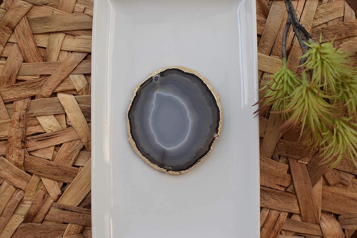 Gold Trim Natural Agate Stone Round Coasters Set of 4